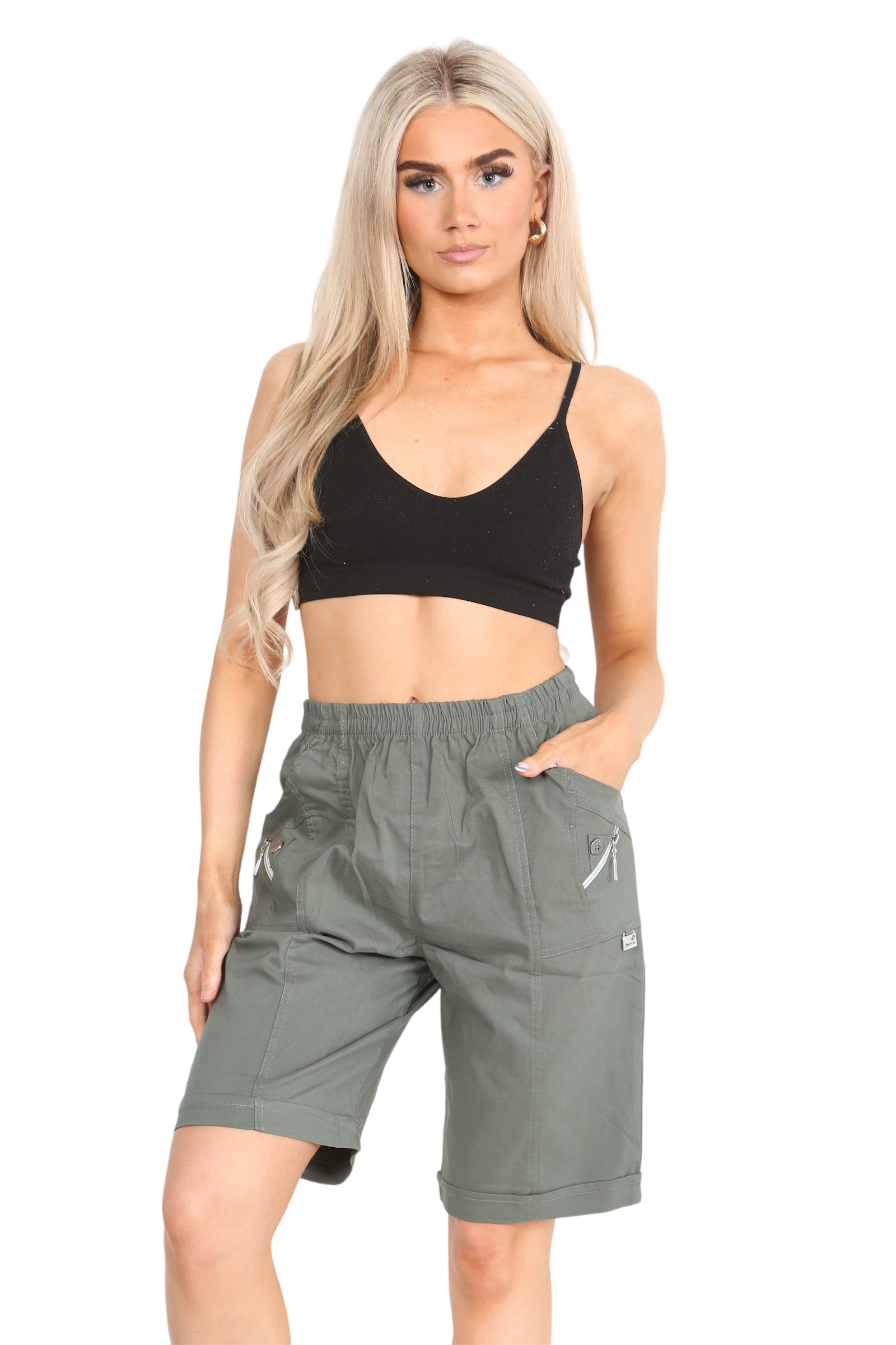 Women’s Cotton Mix Plain Cherry Berry Summer Shorts – Ladies Capri Length Elasticated Pull-on Waist Summer Shorts- Beach Shorts Plus Size 8-20 (as8, Numeric, Numeric_20, Regular, Regular, Khaki)