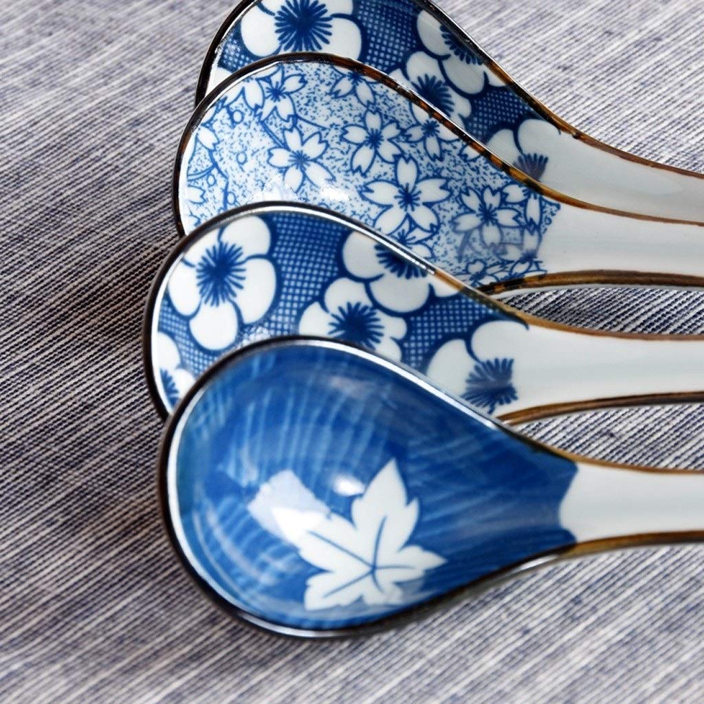 Łyżki do zup Japoński styl długi uchwyt łyżka domowy ceramiczny łyżka kolacja łyżka z niebieskim wzorem kreatywny stołowe wysokiej temperatury odporne na niski poziom 4 paczka Łyżki deserowe (Color :