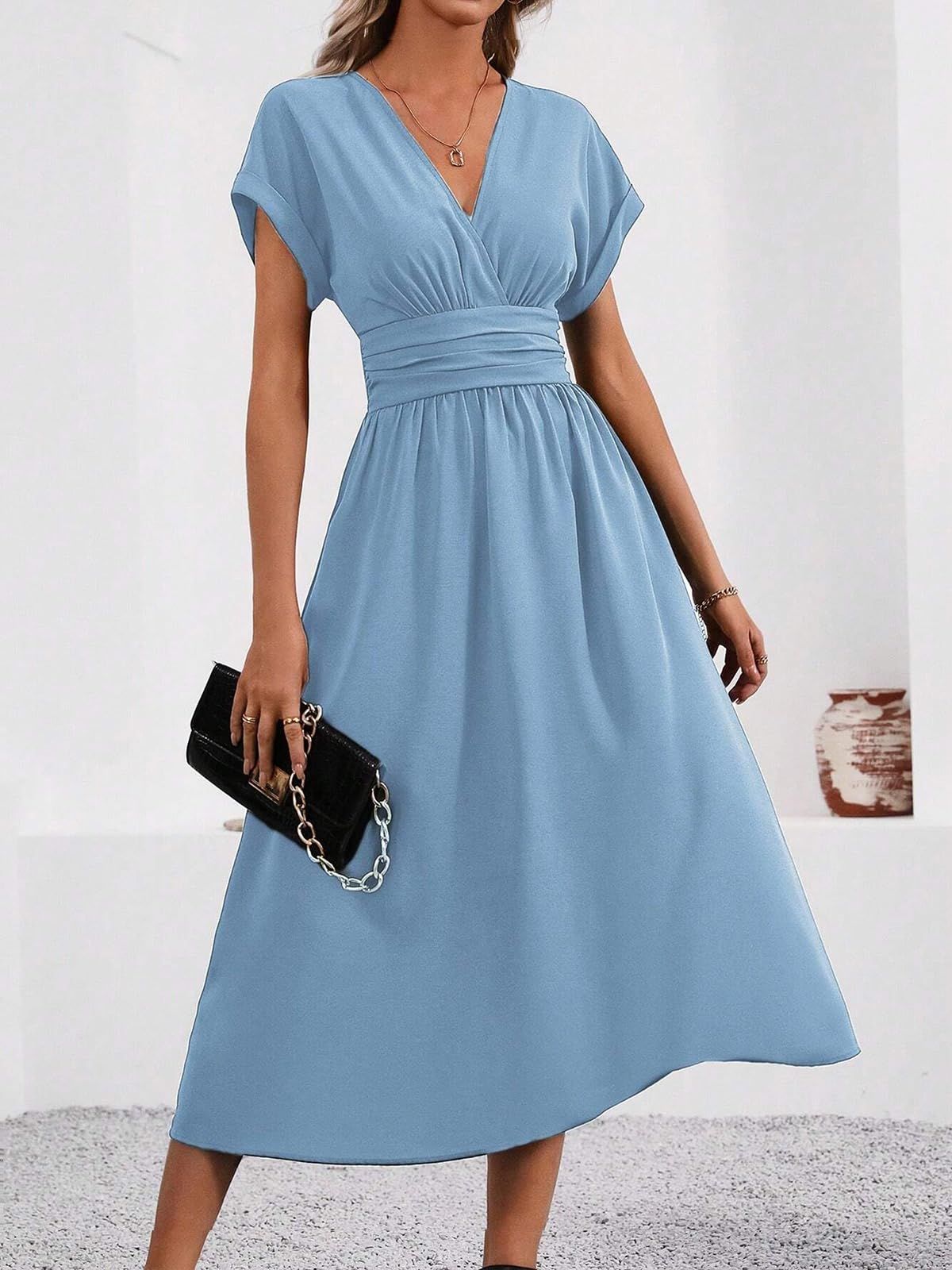 LIAMERHE Vestido Primavera/Verano Manga Corta/Larga Mujer Casual Vestidos Largos Cuello en V Elegante Plisado Vestido Línea A Vestido Largo para Fiesta en Playa