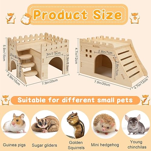 2 Pack Hamster Houses and Hideouts, Easy to Assemble Wooden Hamster Castle Small Animal House Bed with Stairs