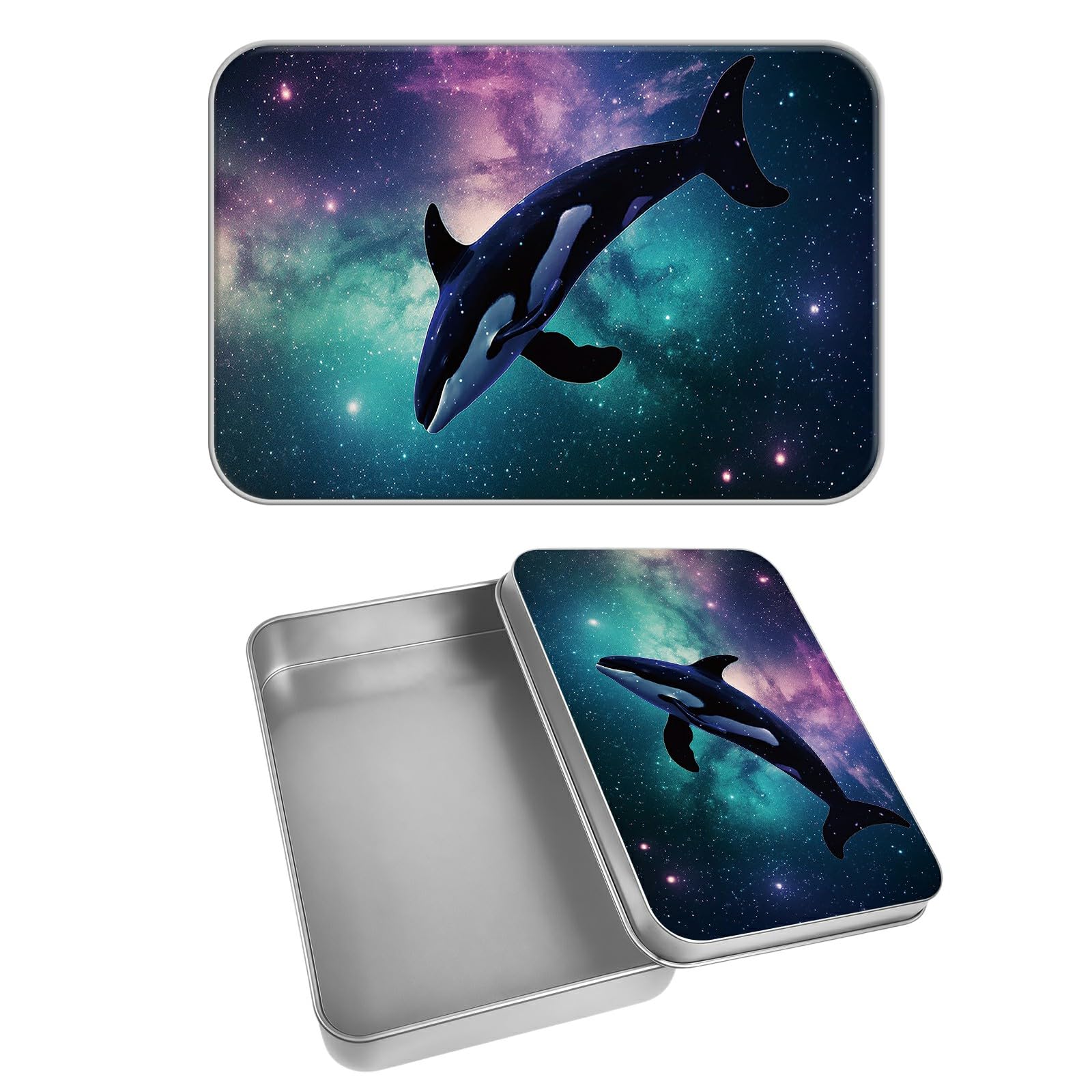 Rectangular Metal Tin Box with Removable Lid, Whales Galaxy Decorative Printed Metal Storage Container for Cash Ticket Credit Card Check 3.46 x 2.36 x 0.7 inch– Single Pack