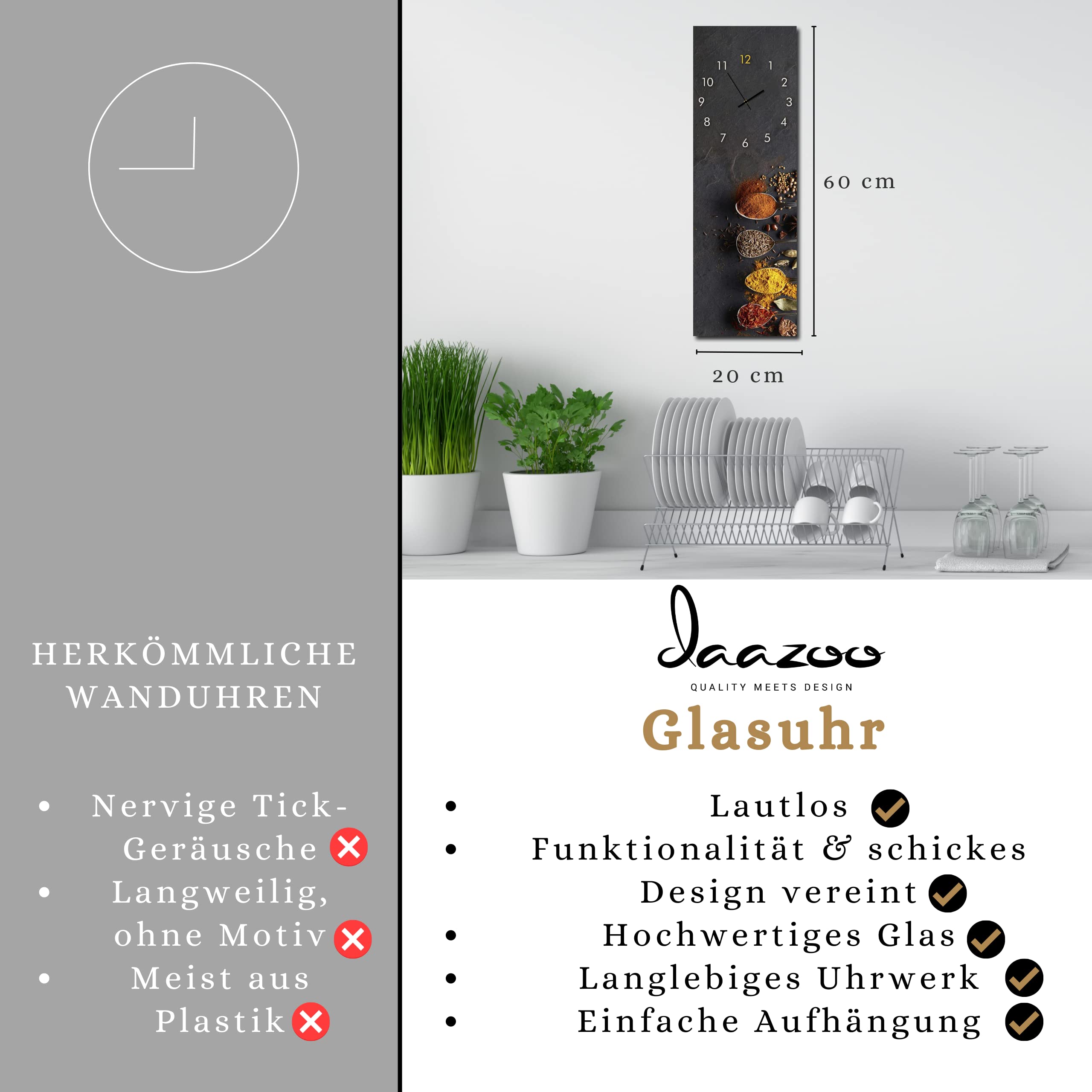 Wanduhr Spices & Spoons 20 x 60 cm | lautlose Uhr aus Glas Made in EU - Glasuhr inklusive Wandaufhängung - Wanduhr ohne Tickgeräusche mit Metallzeiger | Küchenuhr Küche | eckig | analog modern