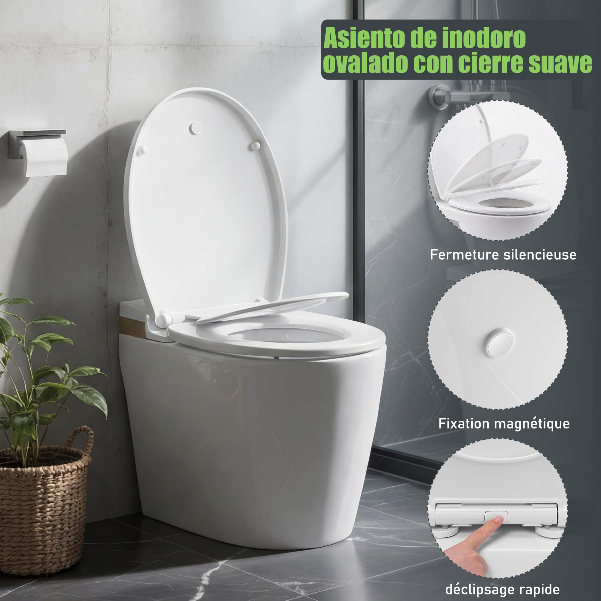 Himimi Abattant WC, Familial Cuvette Toilette avec Siège Enfant Magnétique, Frein de Chute et Charnière Réglable, Lunette WC pour Adultes et Enfants, Forme O, Blanc (447mm x 372mm x 55mm)