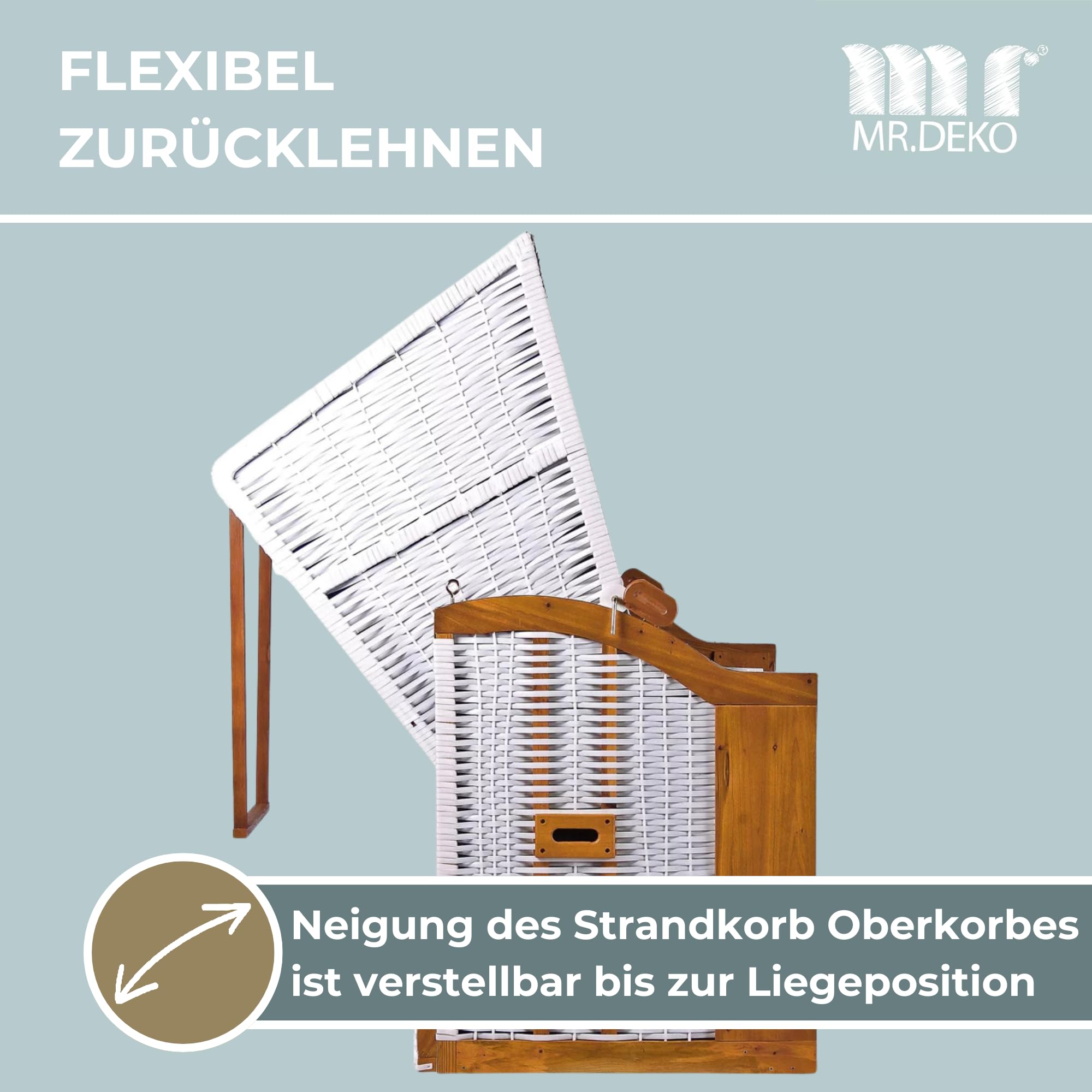 MR. DEKO® Strandkorb Ostsee XXL | Volllieger Strandstuhl Liegestuhl | Dreisitzer PE Geflecht Weiß inkl. 6 Kissen | Strandkörbe aus Hartholz, Garten, Wintergarten und Terrasse (Dessin Uni Blau)