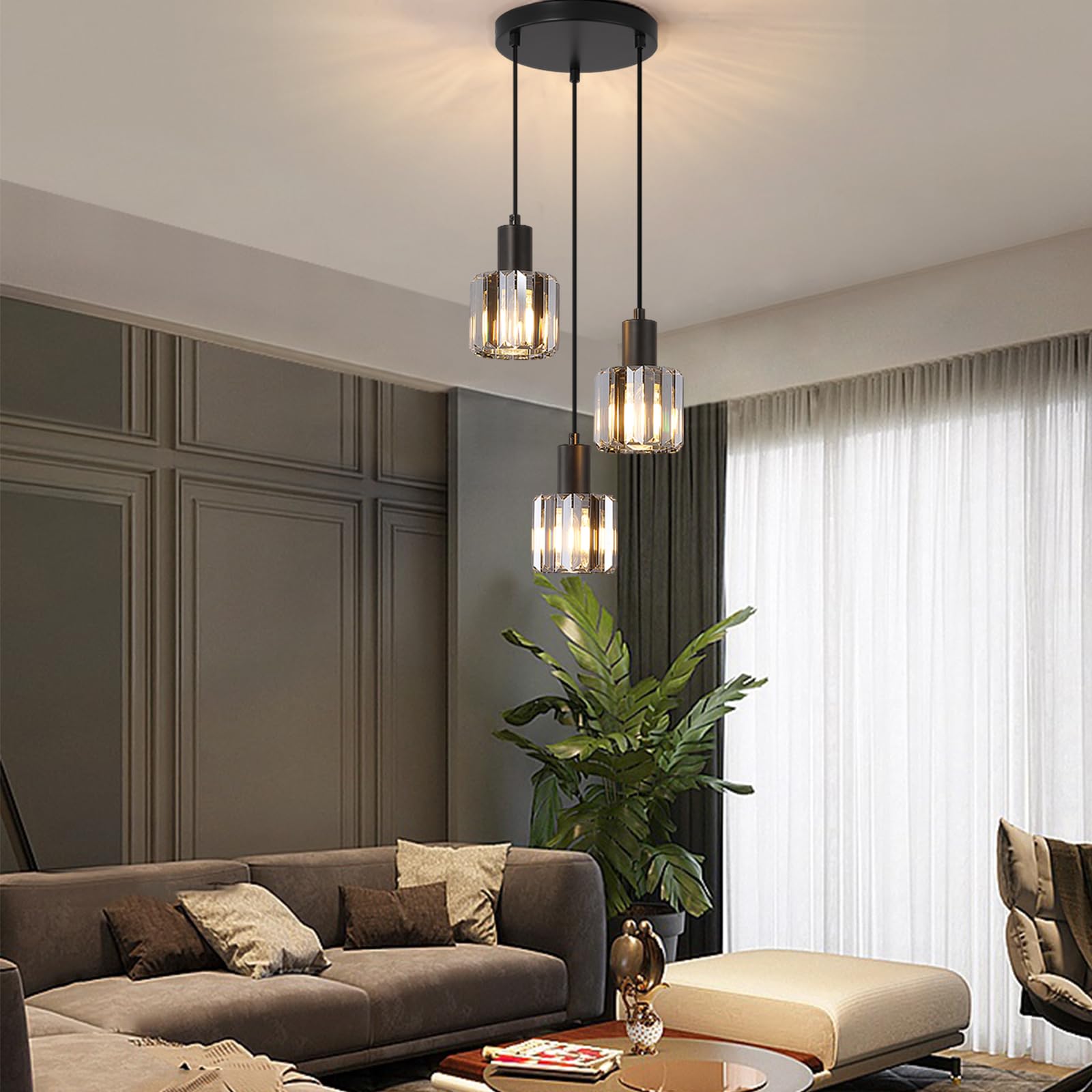 Modern Kristall Pendelleuchte Esstisch Hängelampe Schwarz, 3-flammig Deckenlampe Hängend Wohnzimmer, Glas hängelampe für Schlafzimmer, Küche, Flur, Badezimmer (Aschegrau)