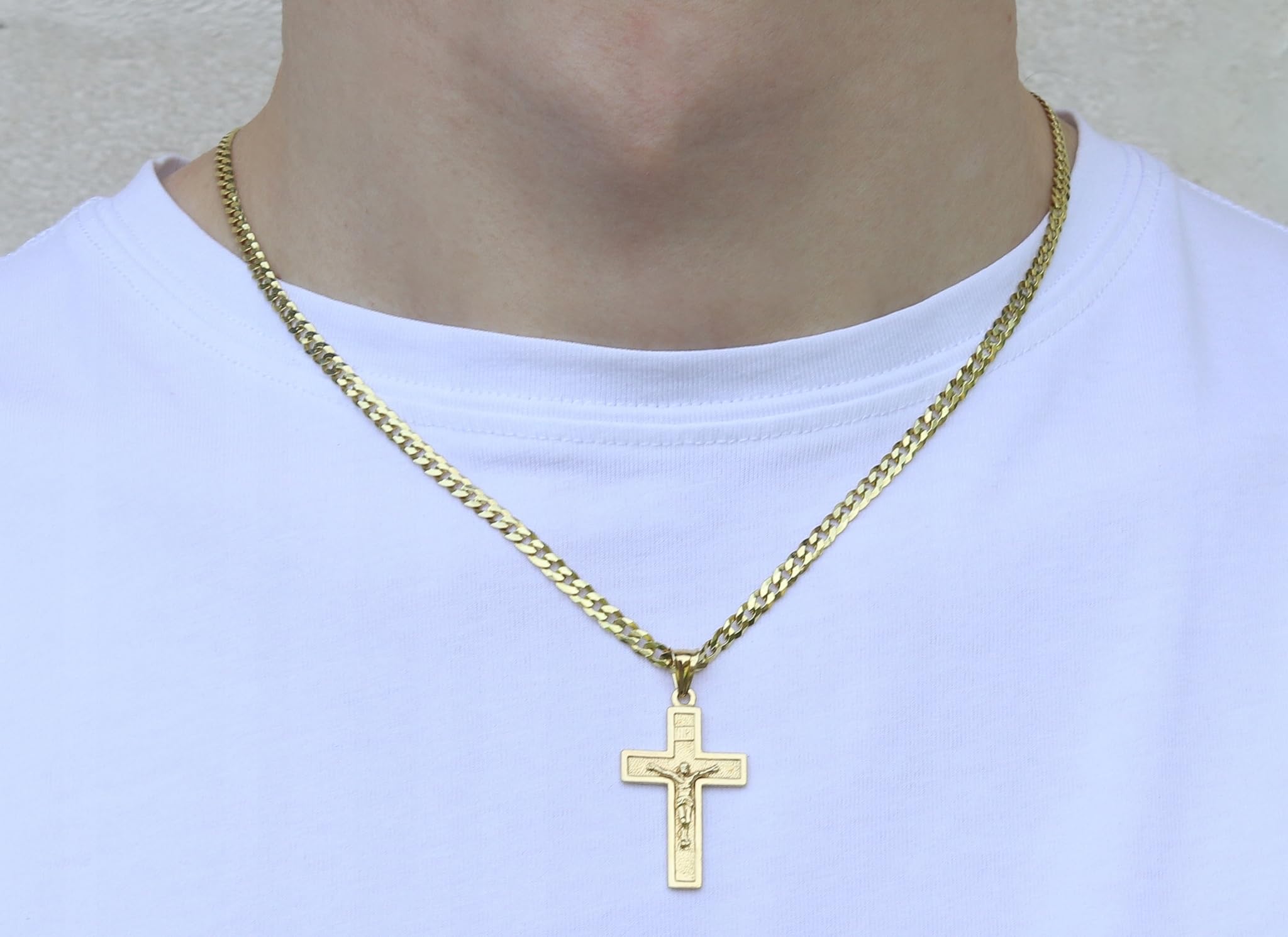 Amor Luxury Złoty łańcuszek męski 585, złoty krzyż 925/585 naszyjnik męski - łańcuszek krzyżowy - złoty krzyż dla mężczyzn - naszyjnik męski złoty, katolicki krzyż złoty wisiorek, biżuteria męska