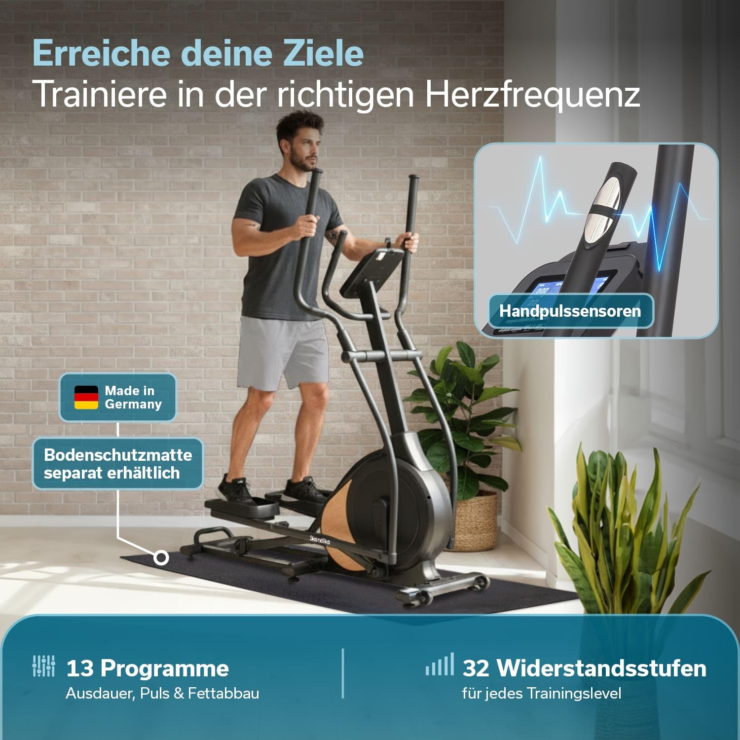 Skandika Vélo elliptique Carbon P18 | Vélo elliptique d'appartement, 32 Niveaux de résistance, 13 programmes, écran LCD, Compatible avec Kinomap, Max 135KG, vélo de Fitness