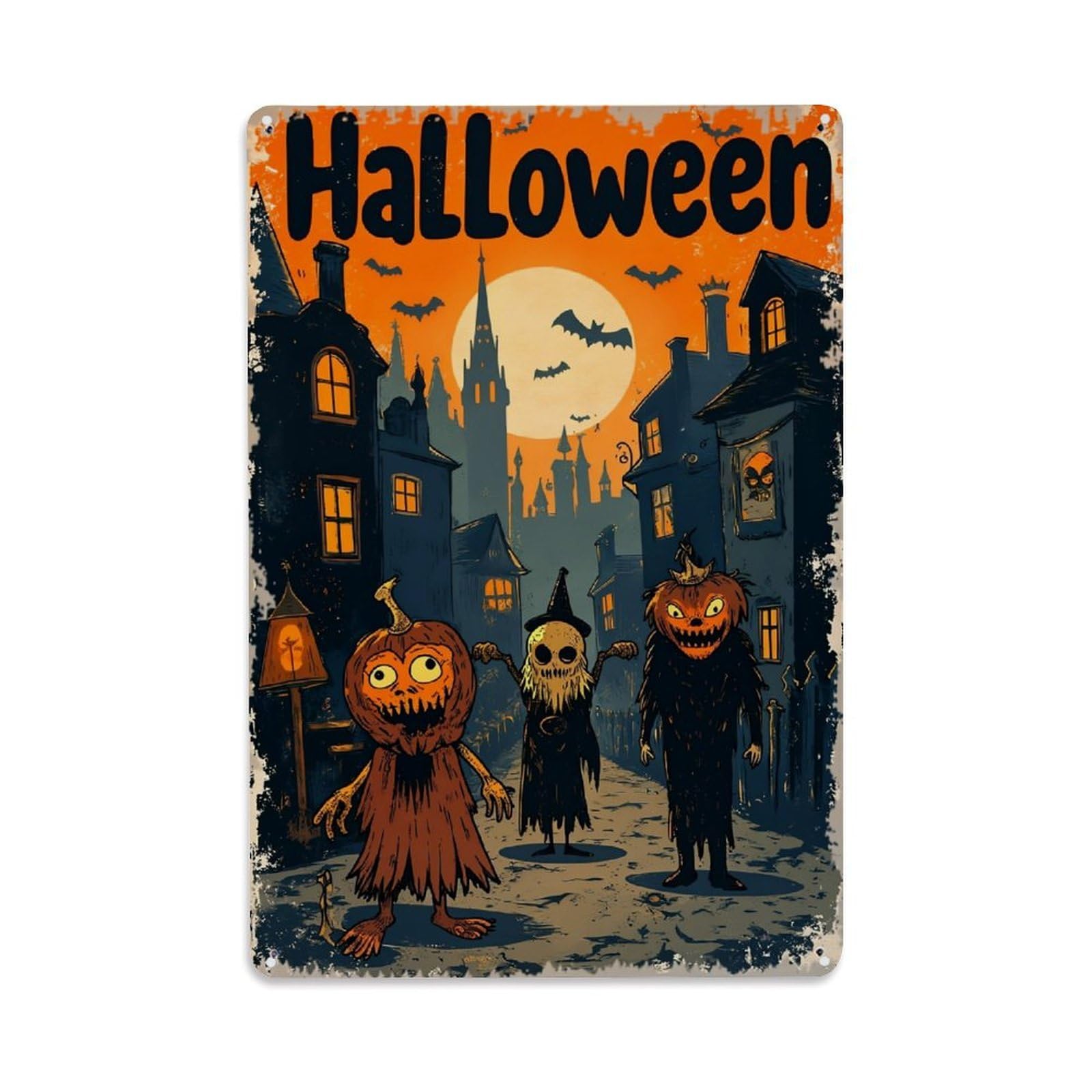Halloween Pumpkin Witch Bat Moon Vintage Tin Sign Retro Metal Wall Decor Metal Poster, Home Bar Garage Farmhouse Cafe Wall Art Decoration 8x12Inches