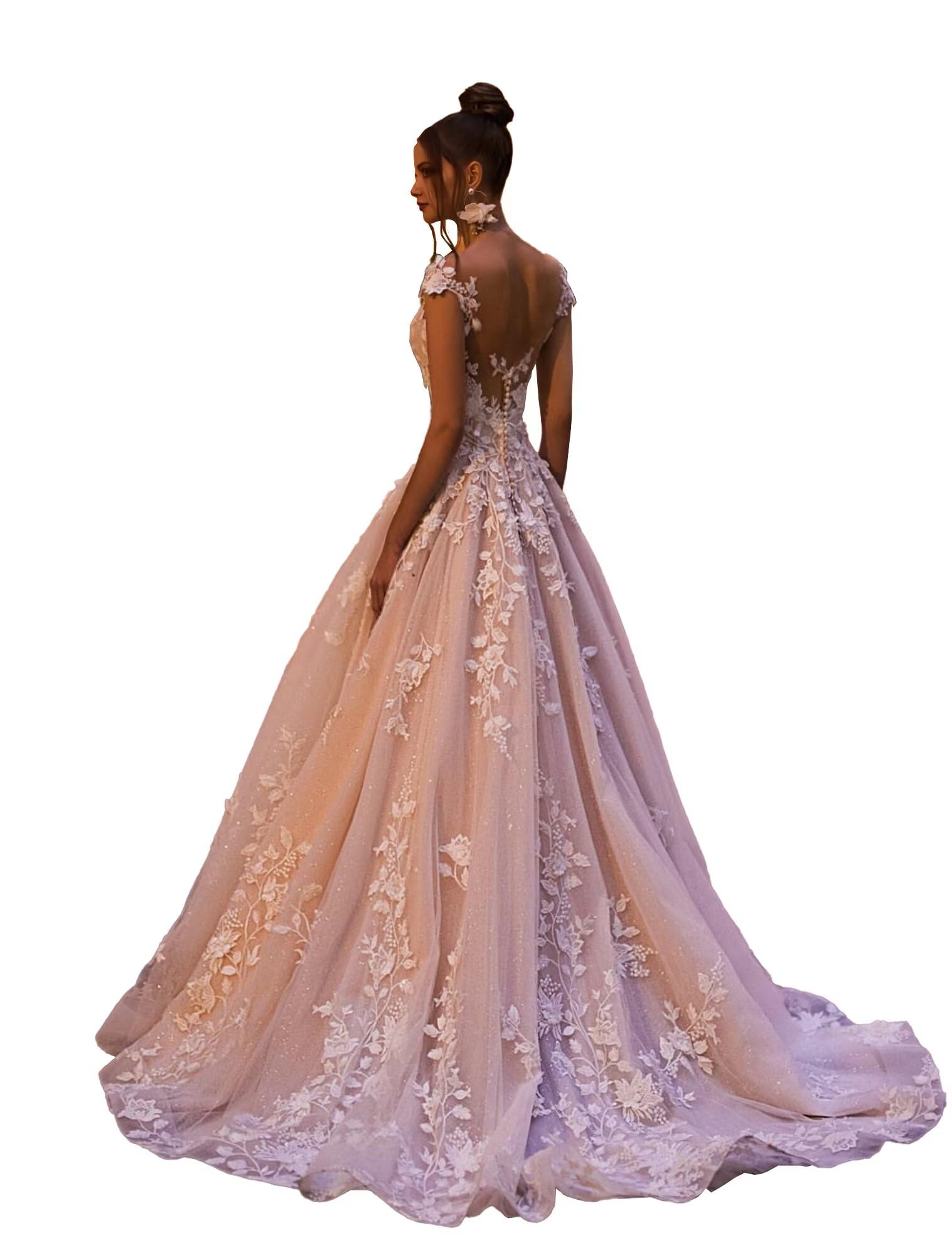 Zeeyecie V Back Wedding Dresses Sexy Elegant A-Line Glitter Lace Applique Floor Length Long Bridal Gown for Bride 2026