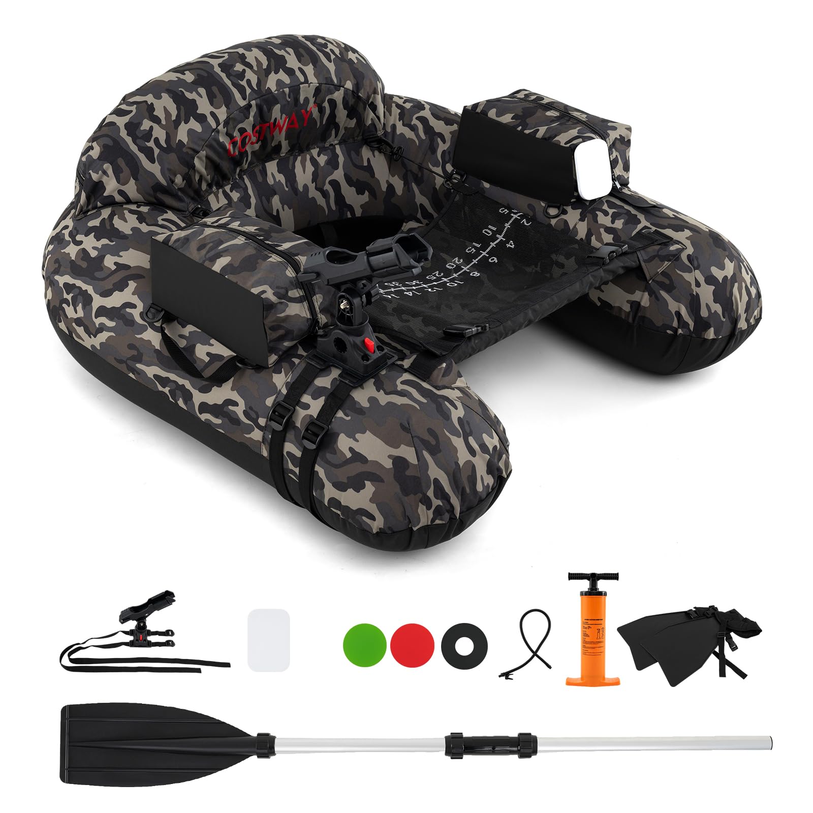 GOPLUS Aufblasbares Belly Boot, Angelboot mit Aluminium-Paddel, Flossen, Luftpumpe, Verstellbarer Angelrutenhalter, Staufächer, Schlauchboot tragbar für 1 Person, 111 x 104 x 46 cm