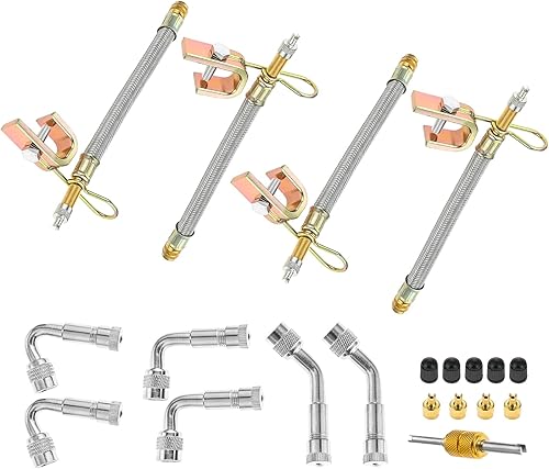 Extensores de vástago de válvula, 4 extensiones de vástago trenzado de acero inoxidable flexible de 7 pulgadas, 6 adaptadores de válvula de latón de