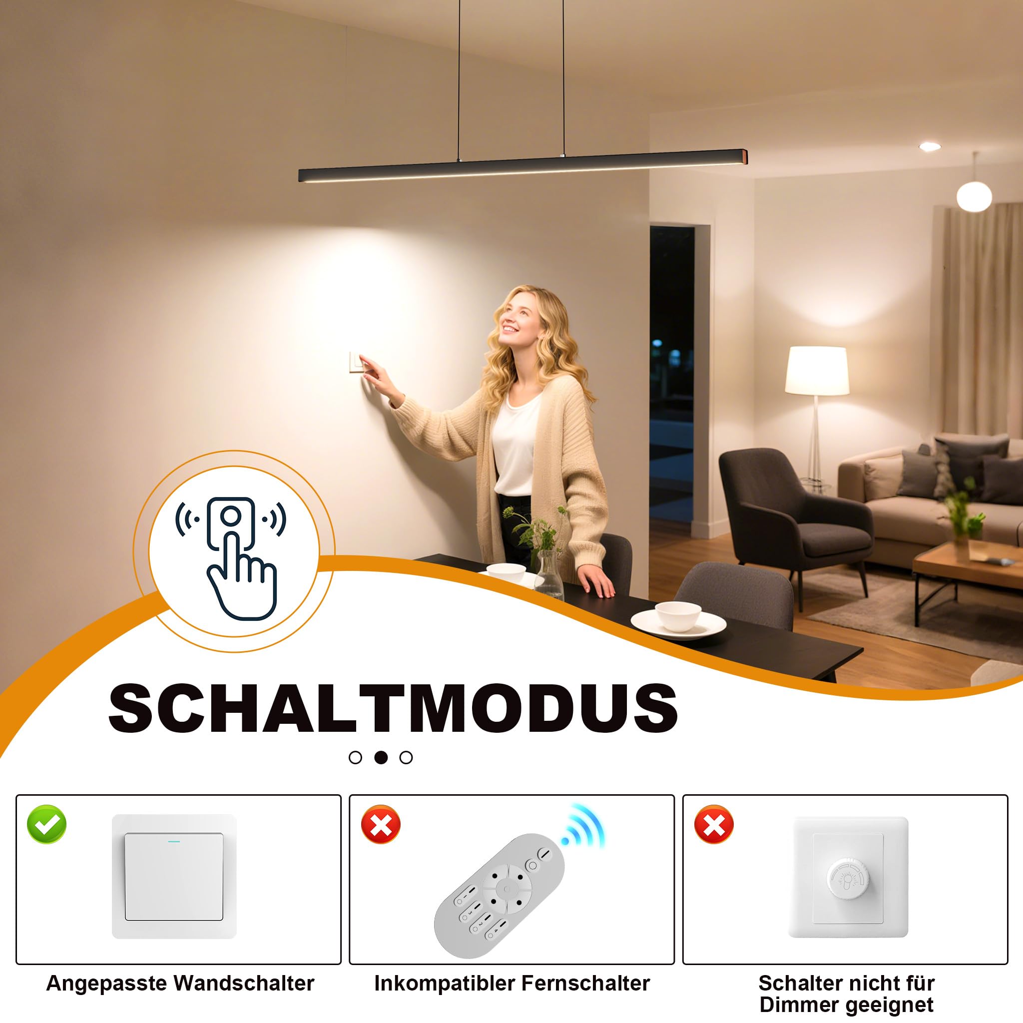 UISEBRT Moderne Pendelleuchte Schwarz 150cm, LED Hängeleuchte Hängend für Wohnzimmer, Deckenlampe Hängend 60W, Höhenverstellbar bis 115cm, Esszimmerlampe, Linear Design - Warmes Licht