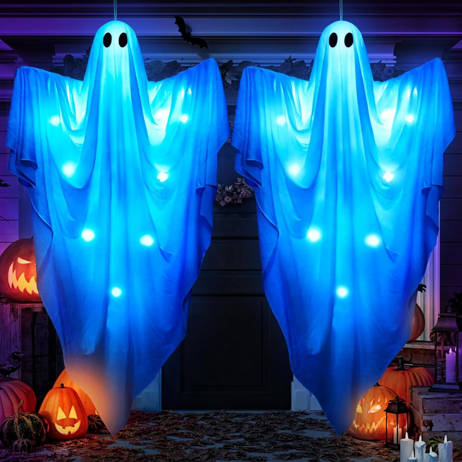 61.5" Halloween Hanging Light up Ghosts Decor - 2 Pcs Large Spooky Ghosts with Blue LED Lights, Hanging Halloween Decorations Outdoor Indoor Party for Front Porch, Tree, Patio, Yard, Lawn Garden
