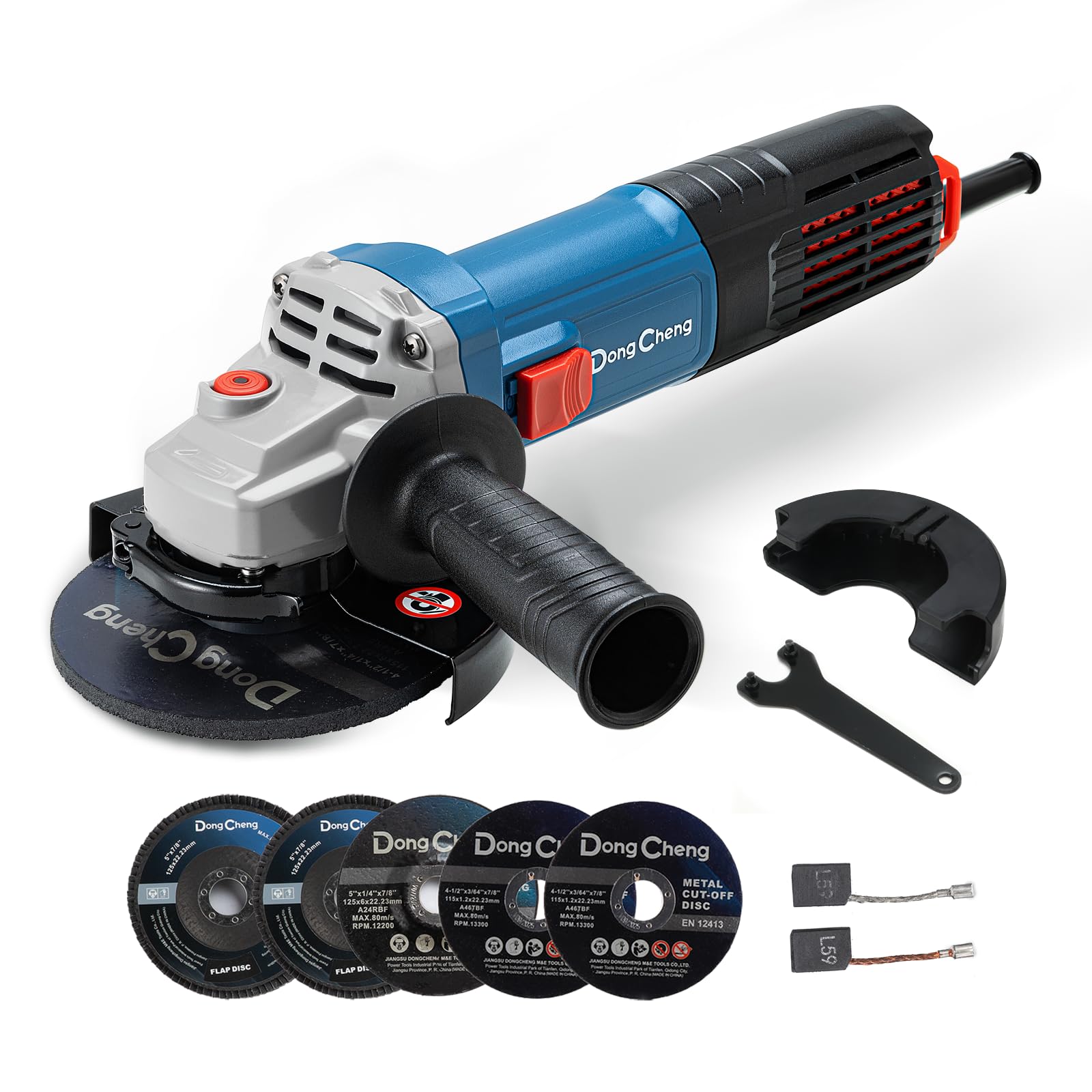 DongCheng Winkelschleifer 1100W, 125mm, Leerlaufdrehzahl:11.800min-1, Schnellverschlussabdeckung, Zusatzhandgriff ，mit 2 Schleifscheiben, 2 Fächerschleifscheiben, 2 Trennscheiben