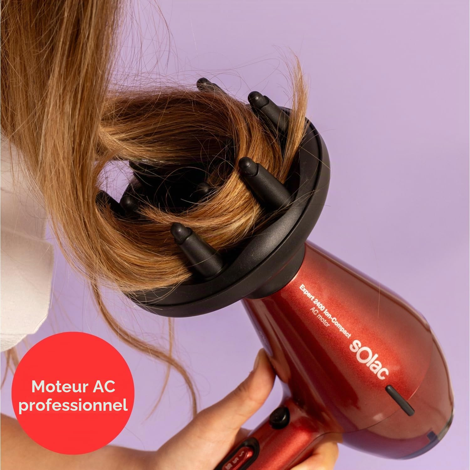 Solac - Sèche-cheveux professionnel 2400W Ion-Compact | 6 réglages température/vitesse | Technologie ionique | Air froid | Compact | Concentrateur + Diffuseur | Rouge