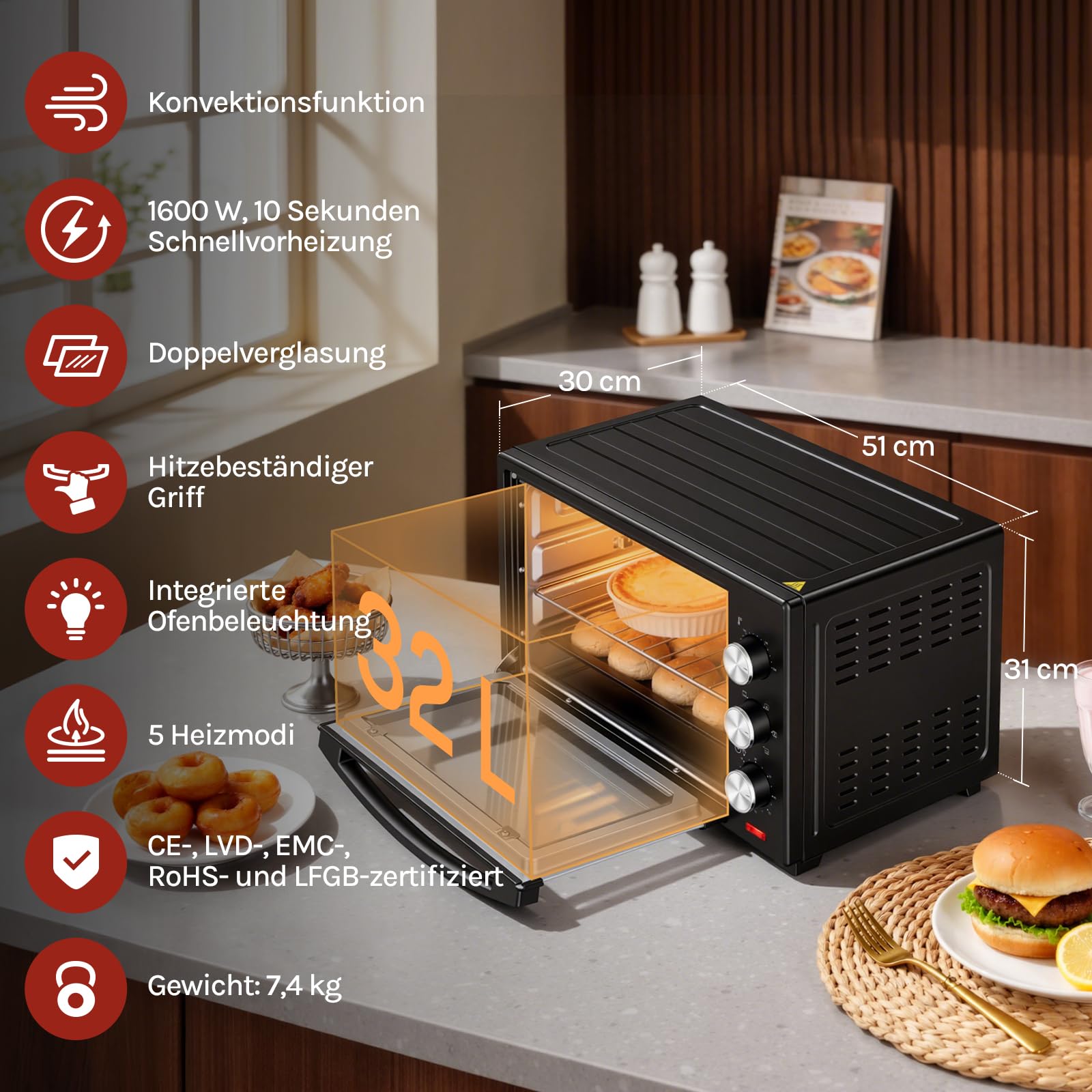 WOLTU Mini Backofen mit umluft, Pizzaofen 32 L, 1600 W, 100-230 °C, 0-60 Min. Timer, 5 Heizmodi, Doppelglastür, mit Drehspieß Backblech Grillrost Krümelblech Rostheber, Schwarz