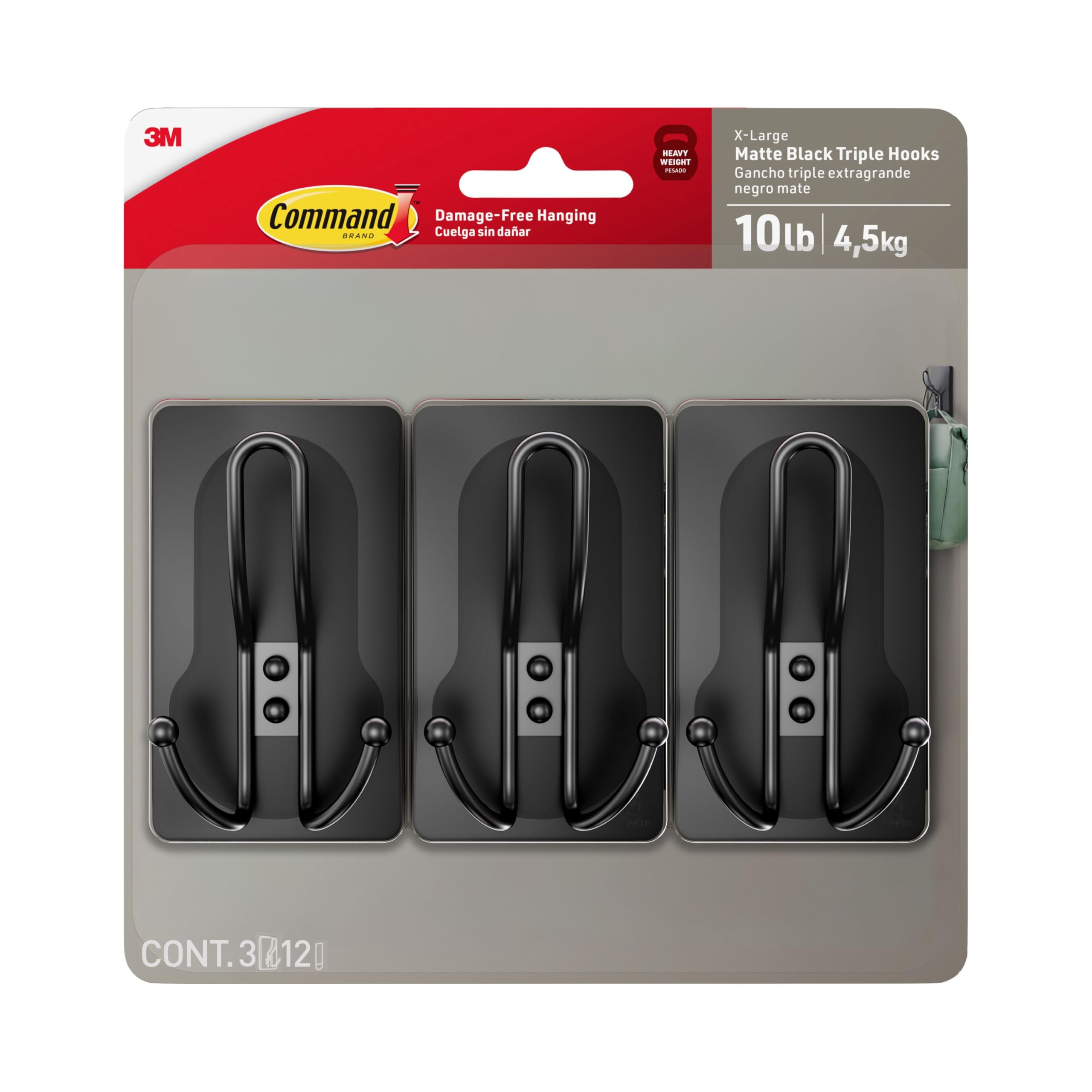 Command 4,5 kg XL negro mate triple gancho 3 ganchos y 12 tiras, sin daños para colgar con tiras adhesivas, sin herramientas, gancho de pared para colgar decoraciones en salas de estar