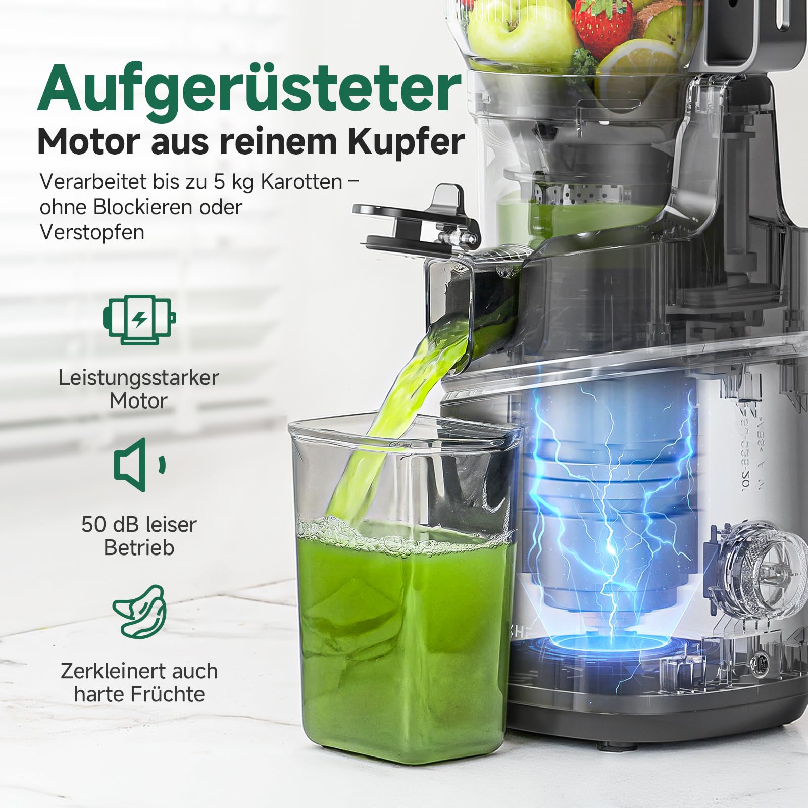 AMZCHEF 250W Automatischer All-In-One Entsafter, 150MM Öffnung, 2L Kaltpress Slow Juicer mit Dreifachem Filter - Schwarz