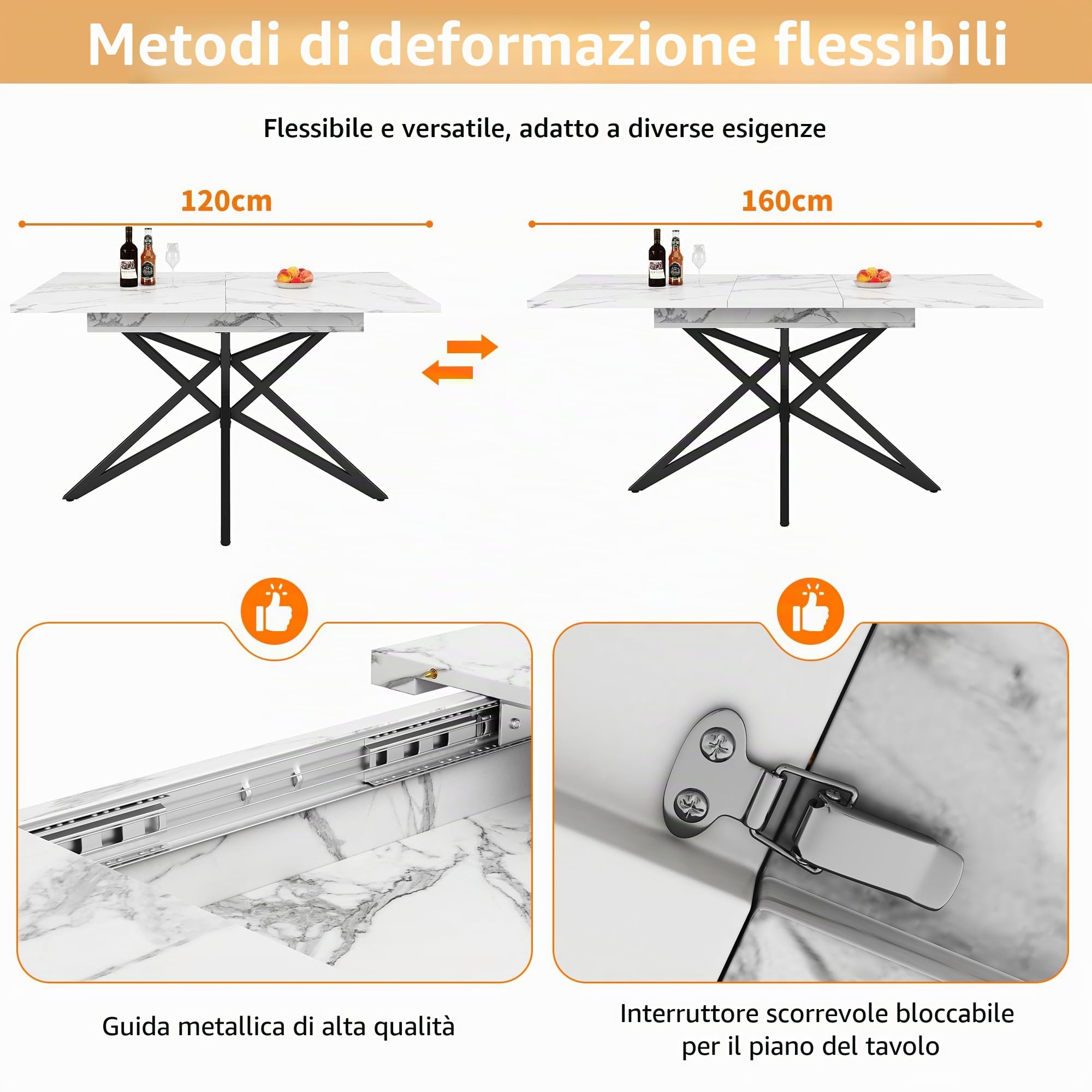 Bladez Set da pranzo allungabile con 4 sedie in velluto, tavolo da pranzo, tavolo rettangolare, 120-160 cm, tavolo in legno, moderno, per 4-6 persone, per sala da pranzo (marmo bianco)