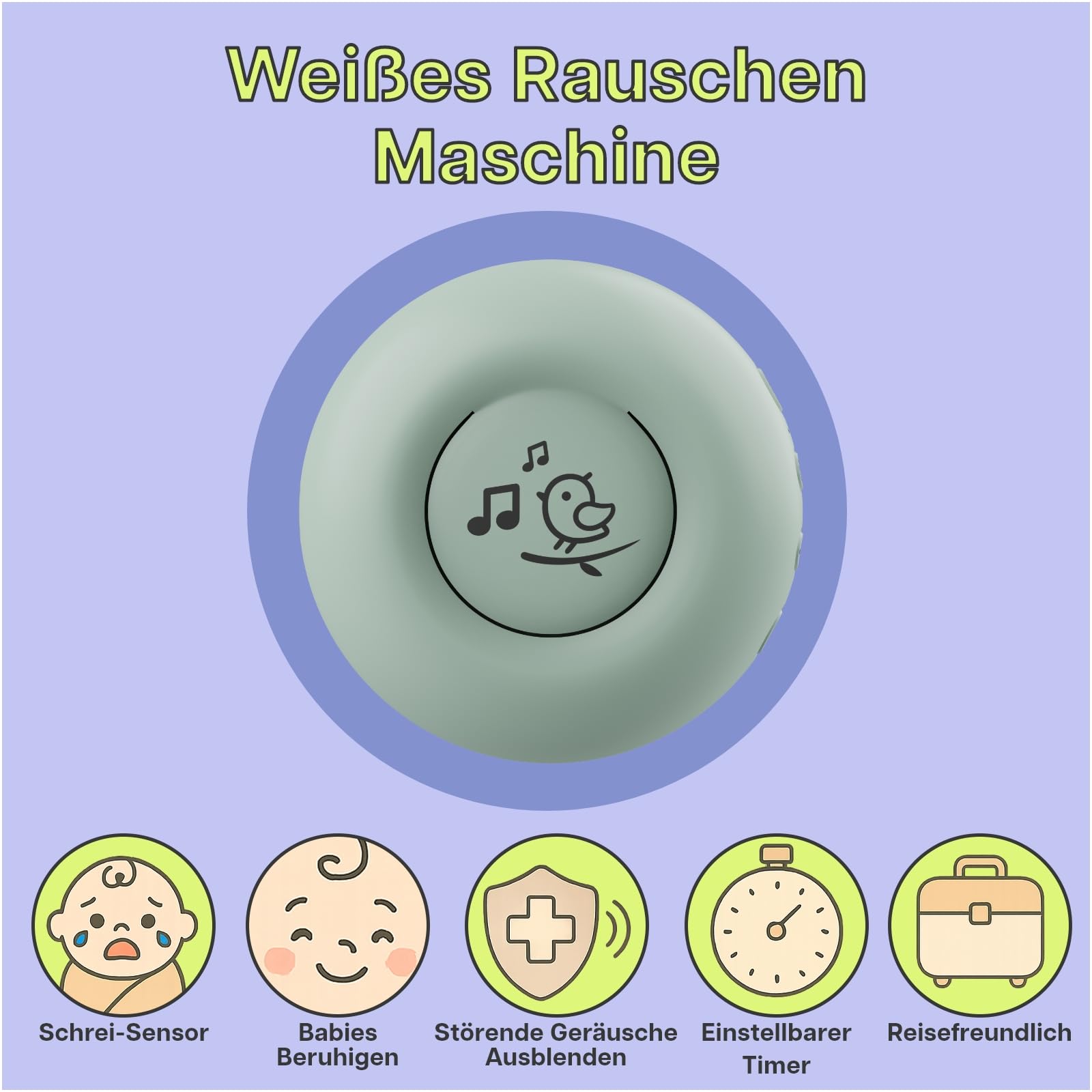 White Noise Machine Baby von MMOBIEL – mit 20 beruhigenden Klängen, Schrei-Sensor, Timer & USB-C – Tragbare Einschlafhilfe mit Weißem, Pinkem & Braunem Rauschen, Naturgeräuschen & Schlafliedern –Grün