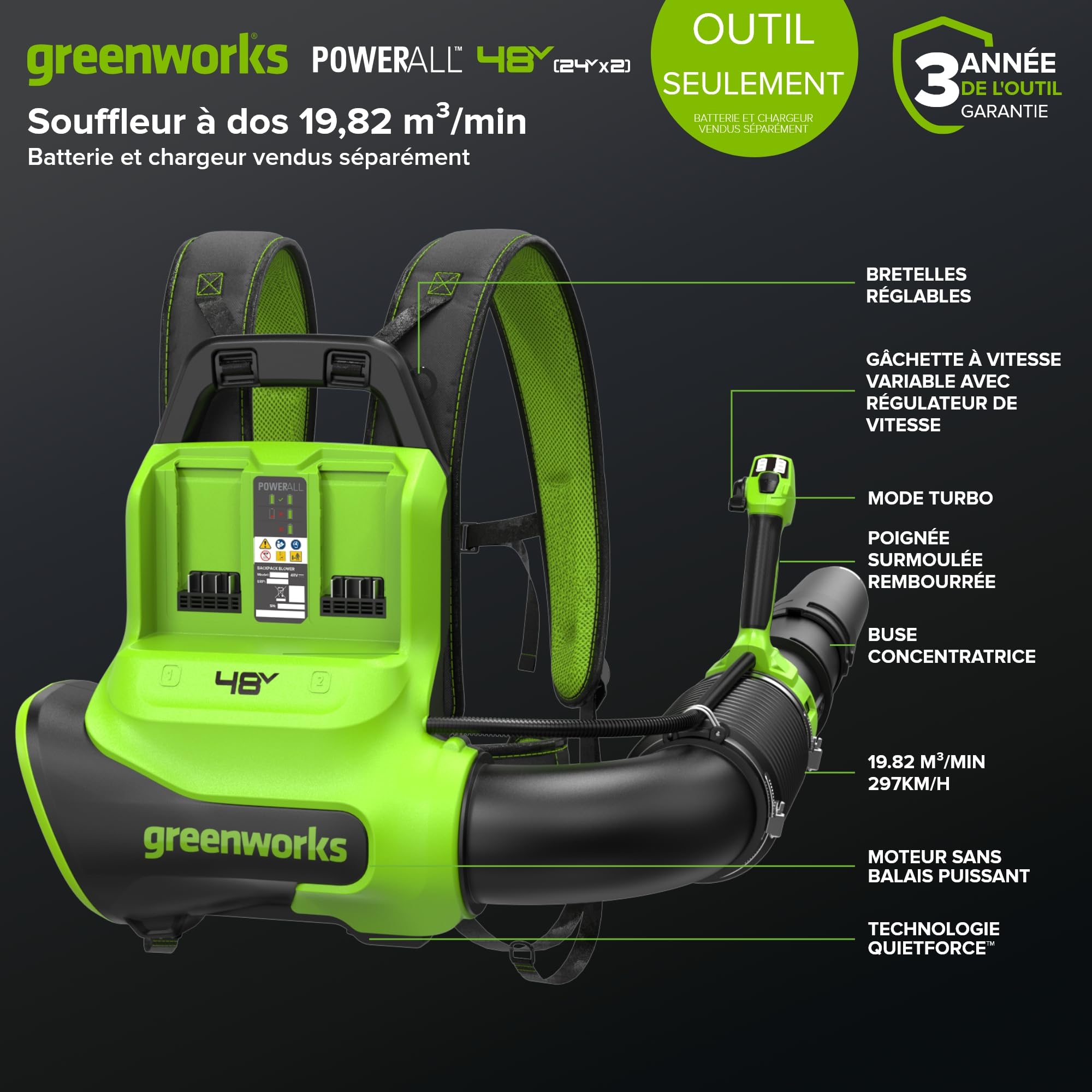 Greenworks Souffleur à Dos 48V (24V x 2), Moteur Brushless, 19,82 m³/Min, 297 km/h, Technologie QUIETFORCE – sans Batterie ni Chargeur BL48020A1