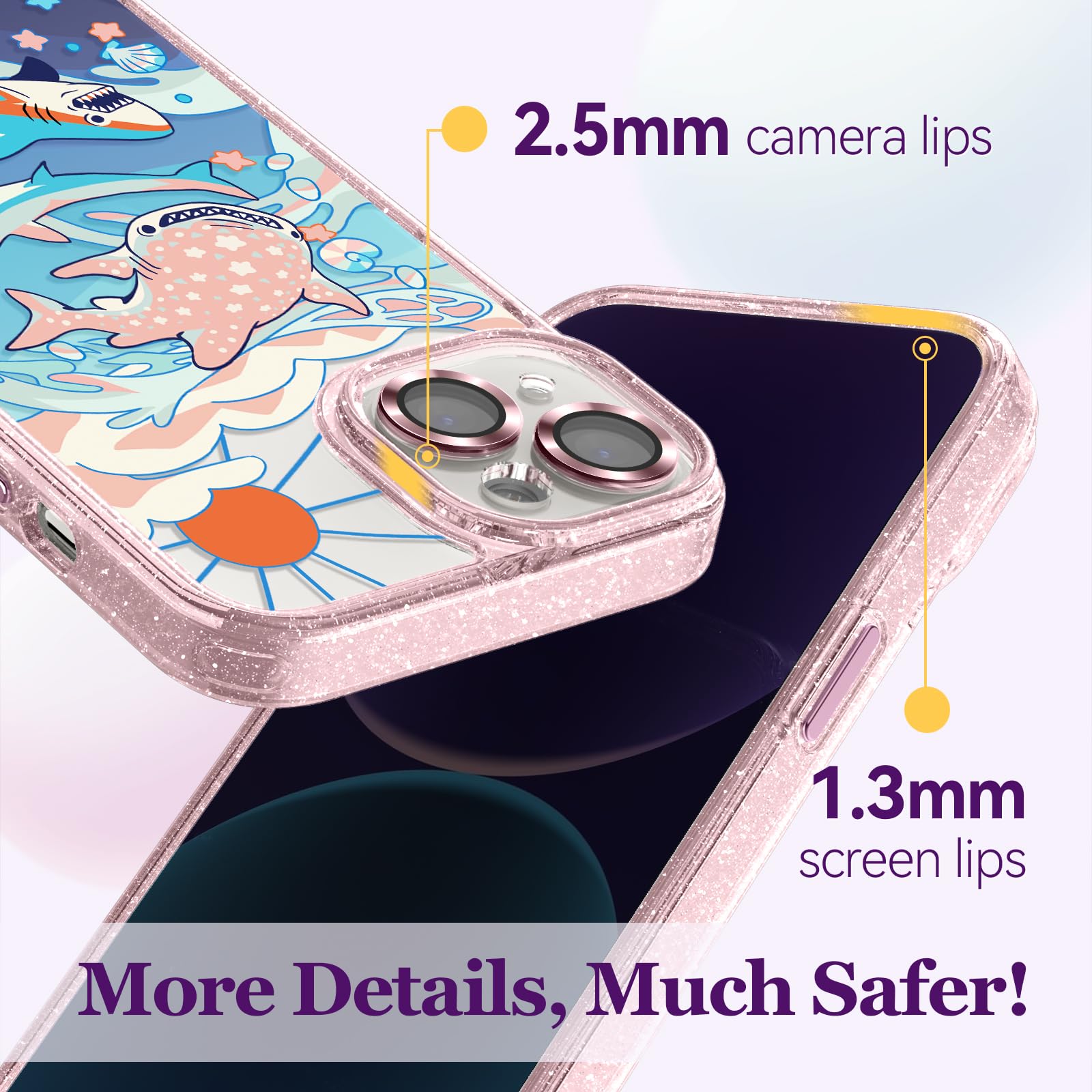 Kompatybilne z iPhone 14 etui urocze estetyczne - brokatowe różowe etui na telefon z osłoną aparatu - dziewczęcy uroczy wzór rekina nadruk etui z paskiem na nadgarstek design dla kobiety