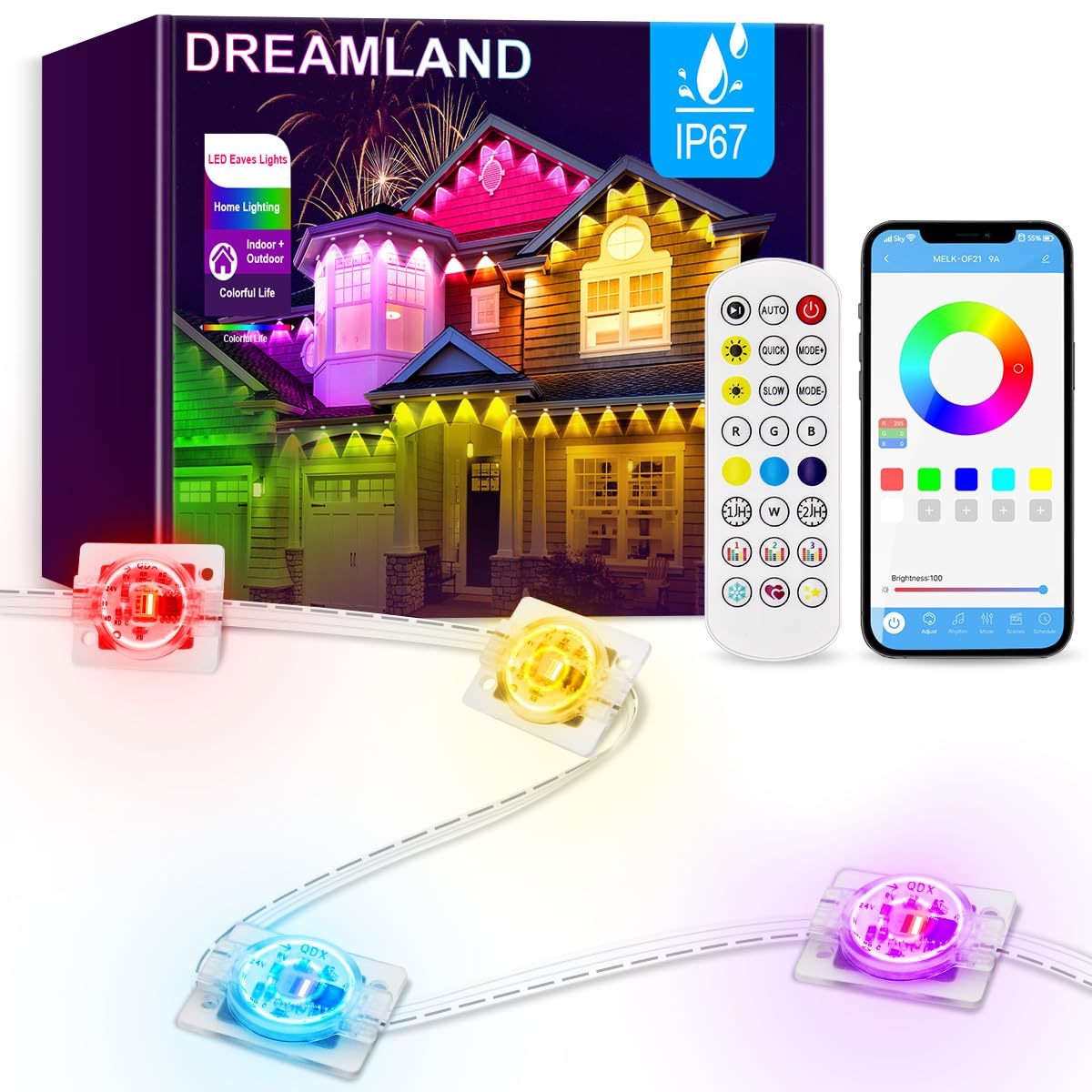 DREAMLAND Permanent Outdoor Lights for House, 100FT Smart RGB Outside Lights with 36LEDS 16 Million DIY Colors App Remote, IP67 Waterproof Eaves Light for Christmas Halloween Holiday Daily Decorations