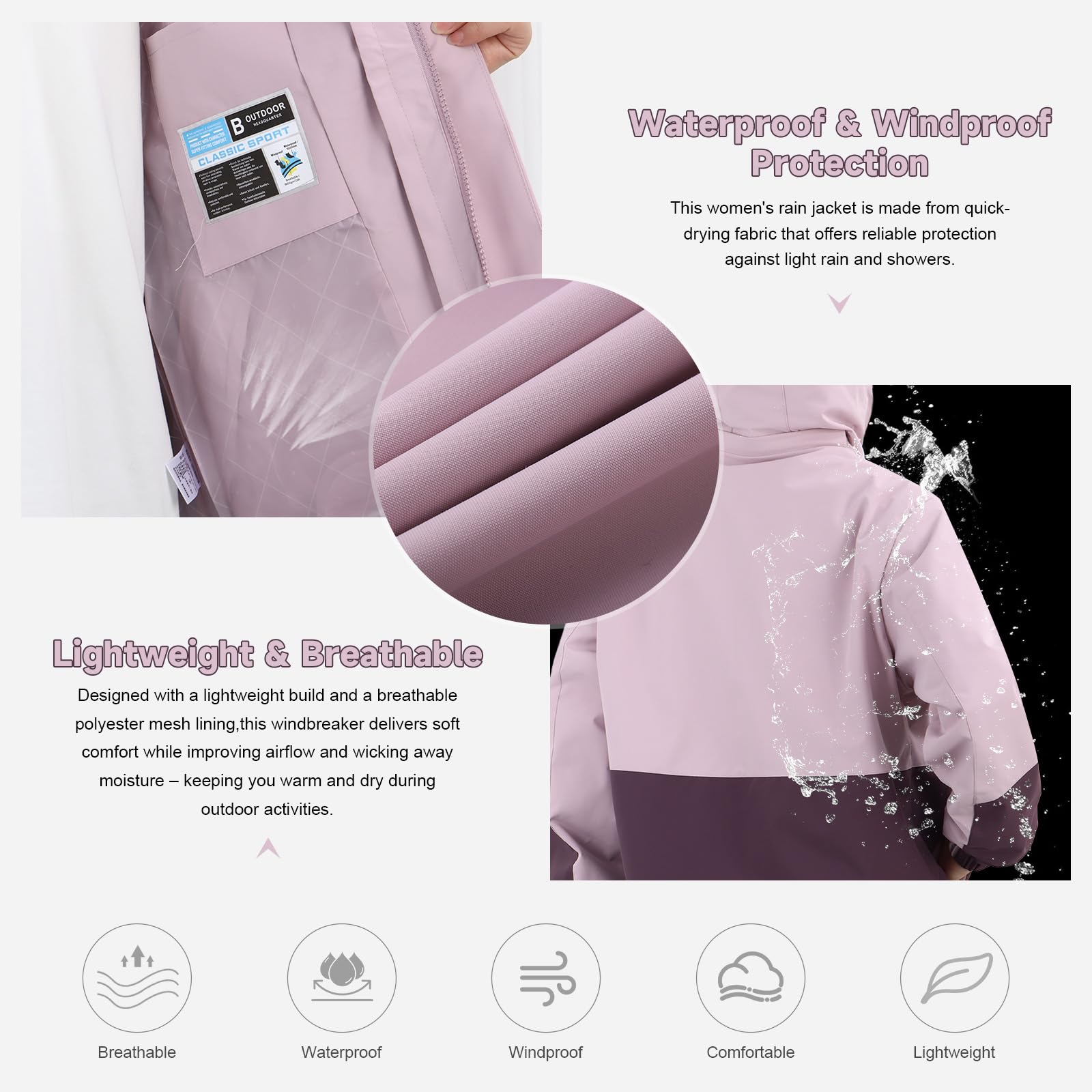Vestes de Pluie pour Femmes Imperméable à Capuche Combinaison de Pluie de Randonnée Légère pour Dames Coupe-vent Complet à Fermeture éclair en Plein air
