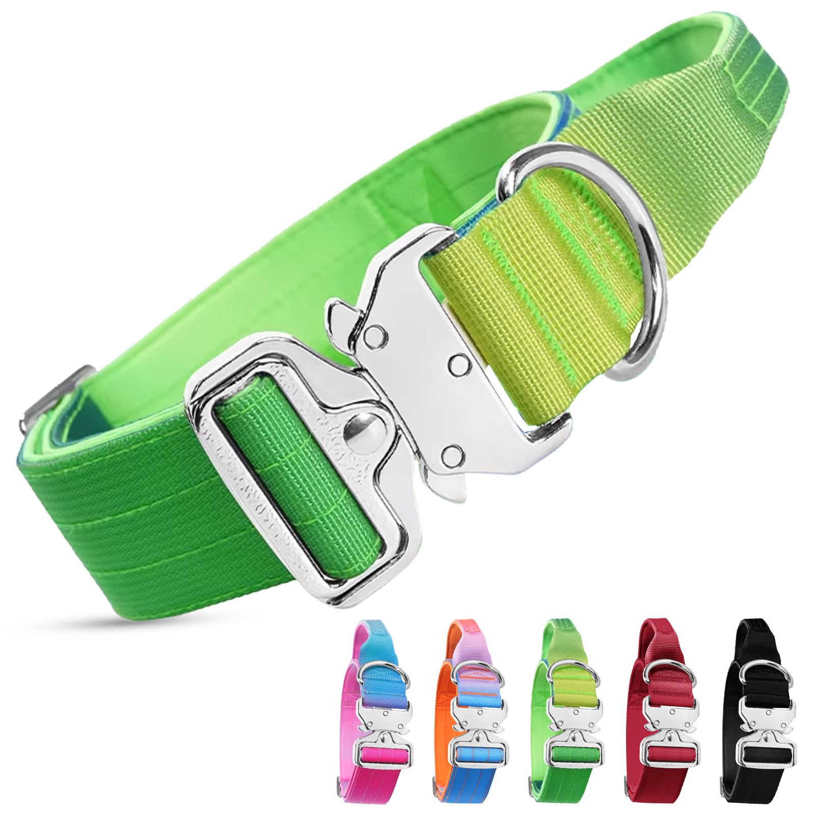 Tactical Dog Collar, Heavy Duty Adjustable Nylon Dog Collar with Handle and Metal Buckle, Breathable Wide Thick Soft Padded Pet Collars for Medium Large Dogs Walking Training (Green Gradient, L)