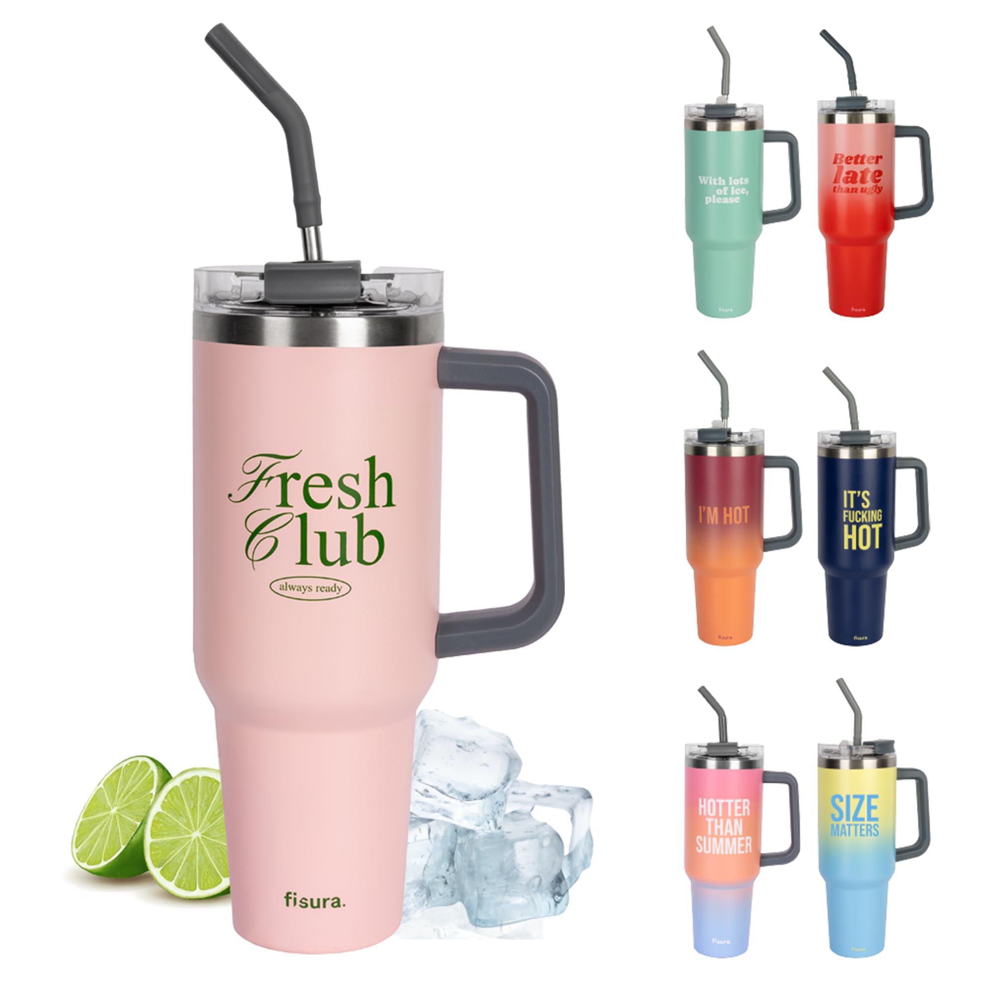 Fisura – Thermal Water Bottle “Fresh Club” 1.2 L, Pink Stainless Steel Thermos. BPA Free. Keeps Drinks Cold for 24 Hours/Hot for 12 Hours. Includes Straw. Dimensions: 9.8 cm x 27.8 cm