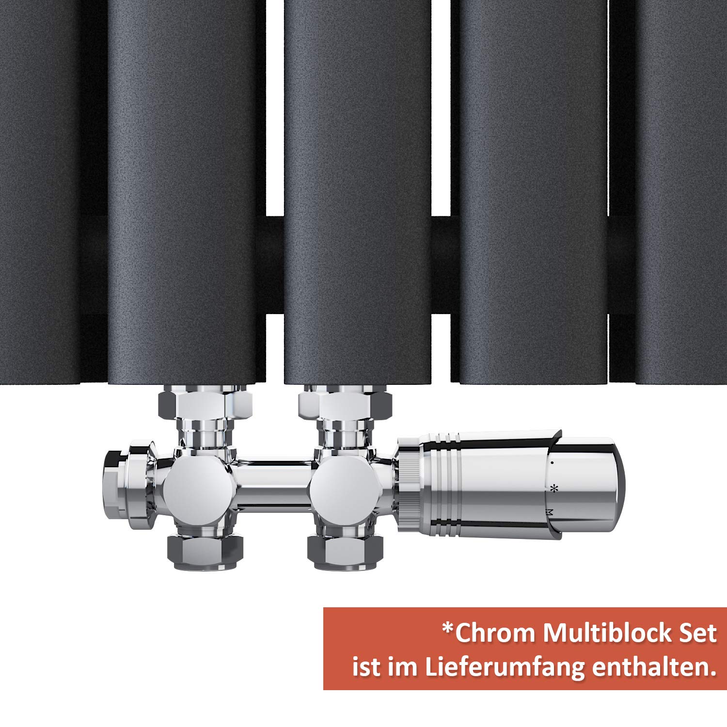 ELEGANT Radiador moderno antracita, 600 x 1180 mm, con termostato multibloque cromado, diseño horizontal, doble capa, conexión central