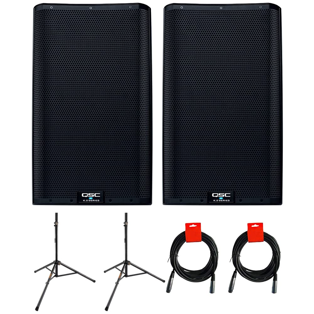 QSC K12.2 Active 12 Powered 2000 Watt Loudspeaker (Pair) Bundle with 2X Auray Steel Speaker Stand and 2X XLR-XLR Cable
