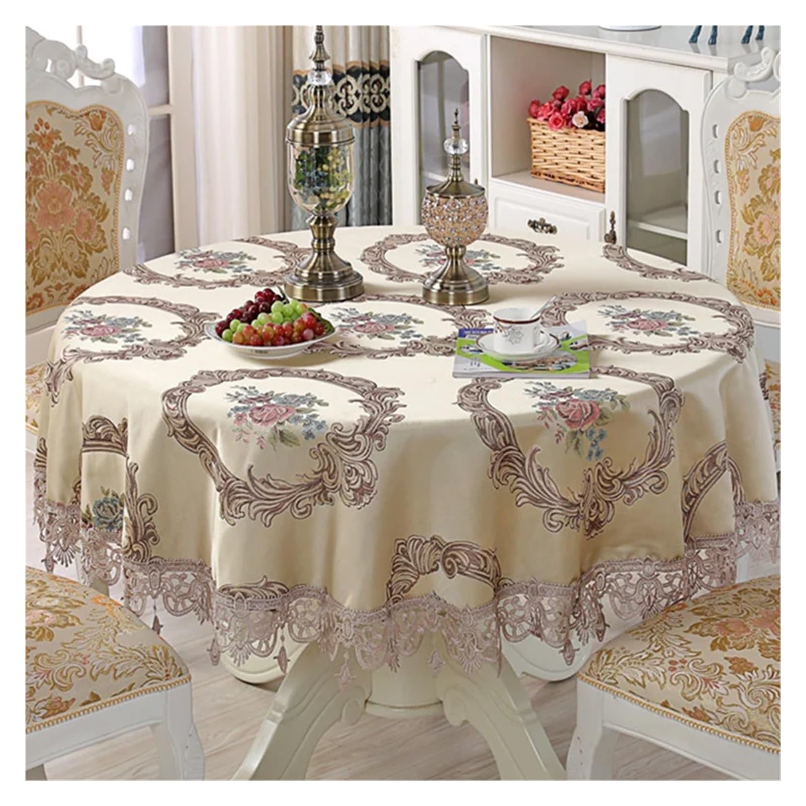 FOELANNE Embroidered Lace Tablecloth, Lace Tablecloth Tassel Embroidered Multiple Sizes Wedding Decor(Type12,130x130cm round)