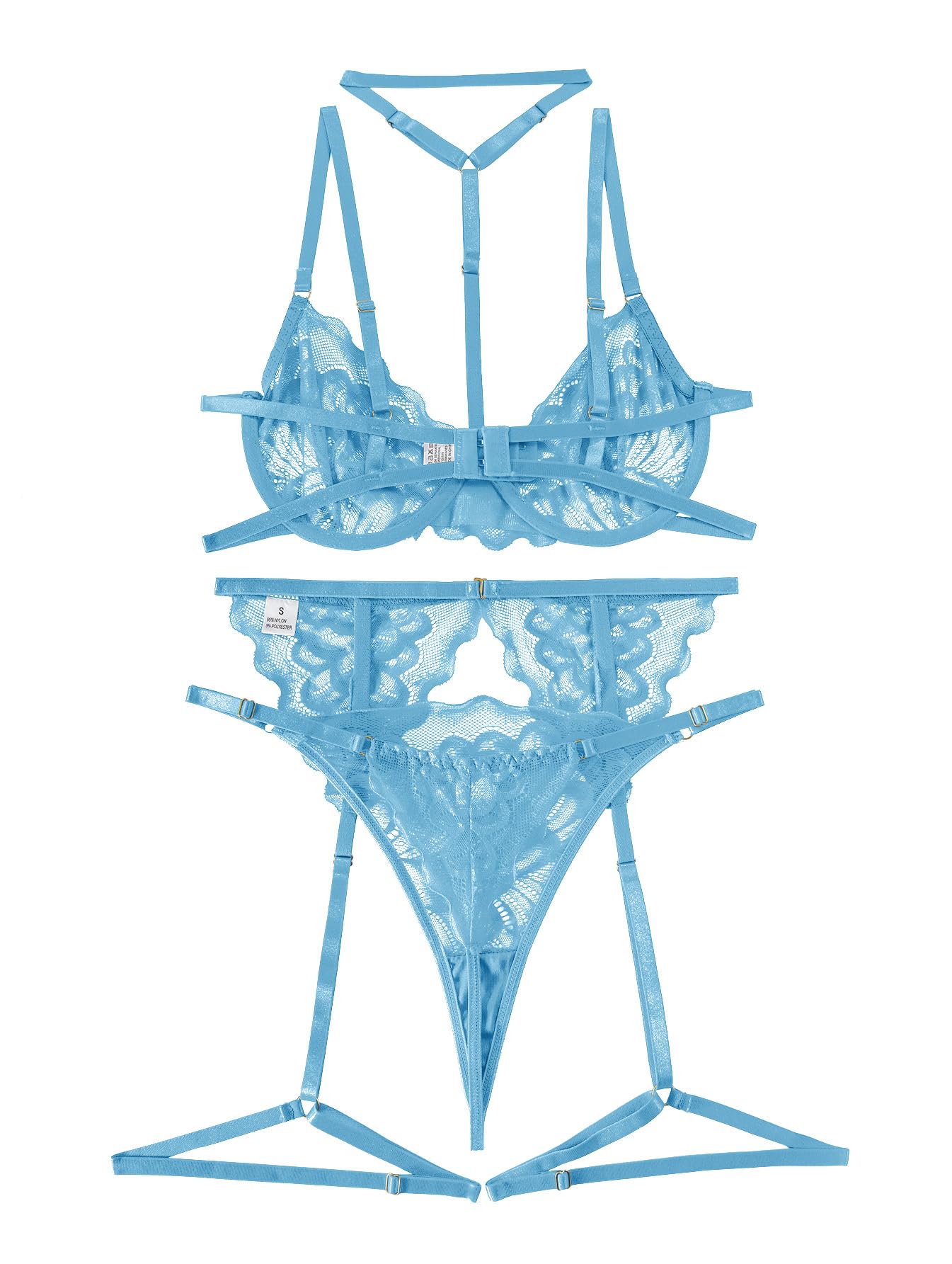 Lilosy Sexy Choker Floral Lace Underwire Push Up Garter Belt Lingerie Set for Women Sheer Bra and Panty 3 Piece