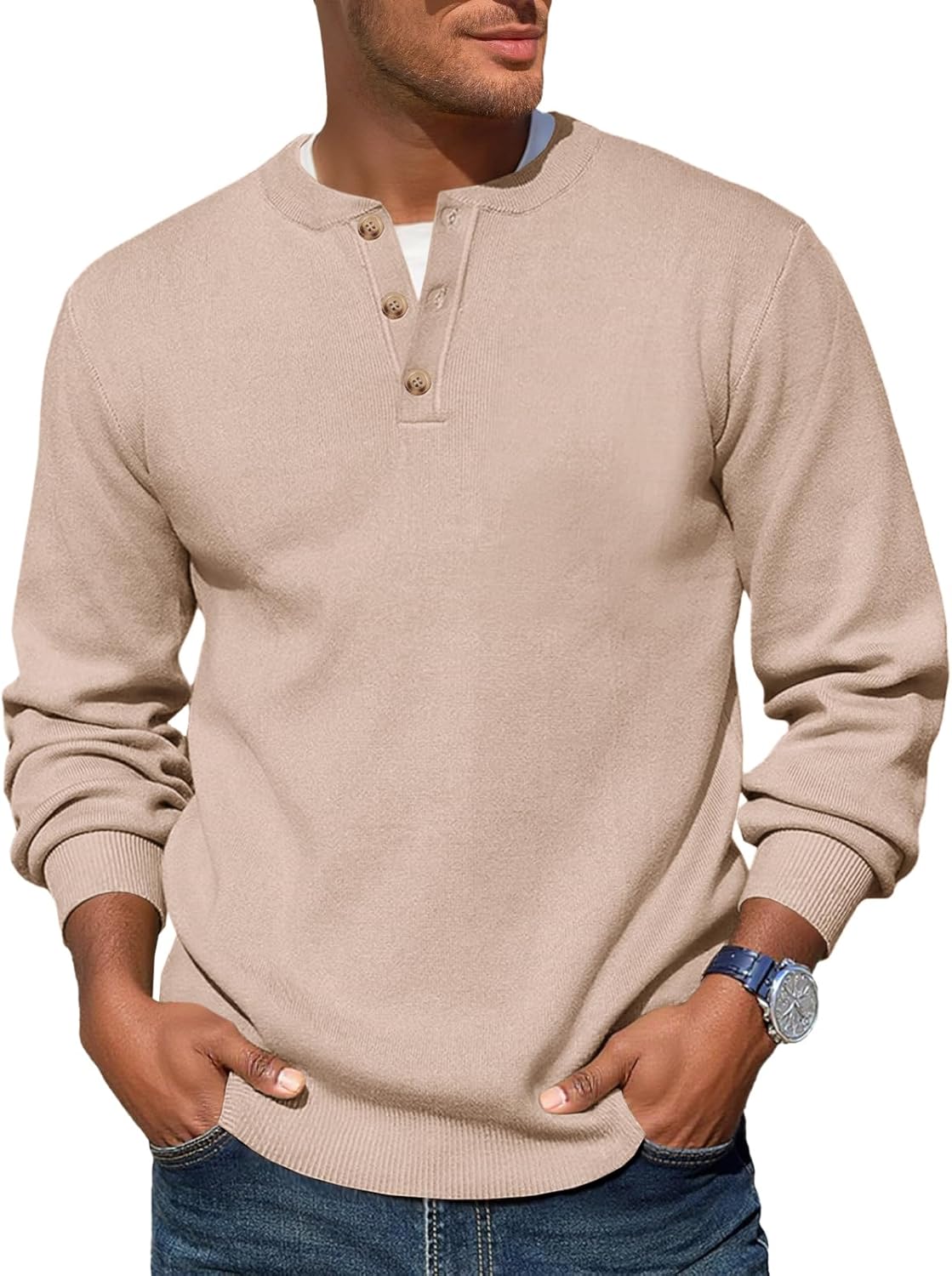 Runcati Mens Henley Knit Sweater Long Sleeve Quarter Button Pullover Sweaters Casual Fall Tops