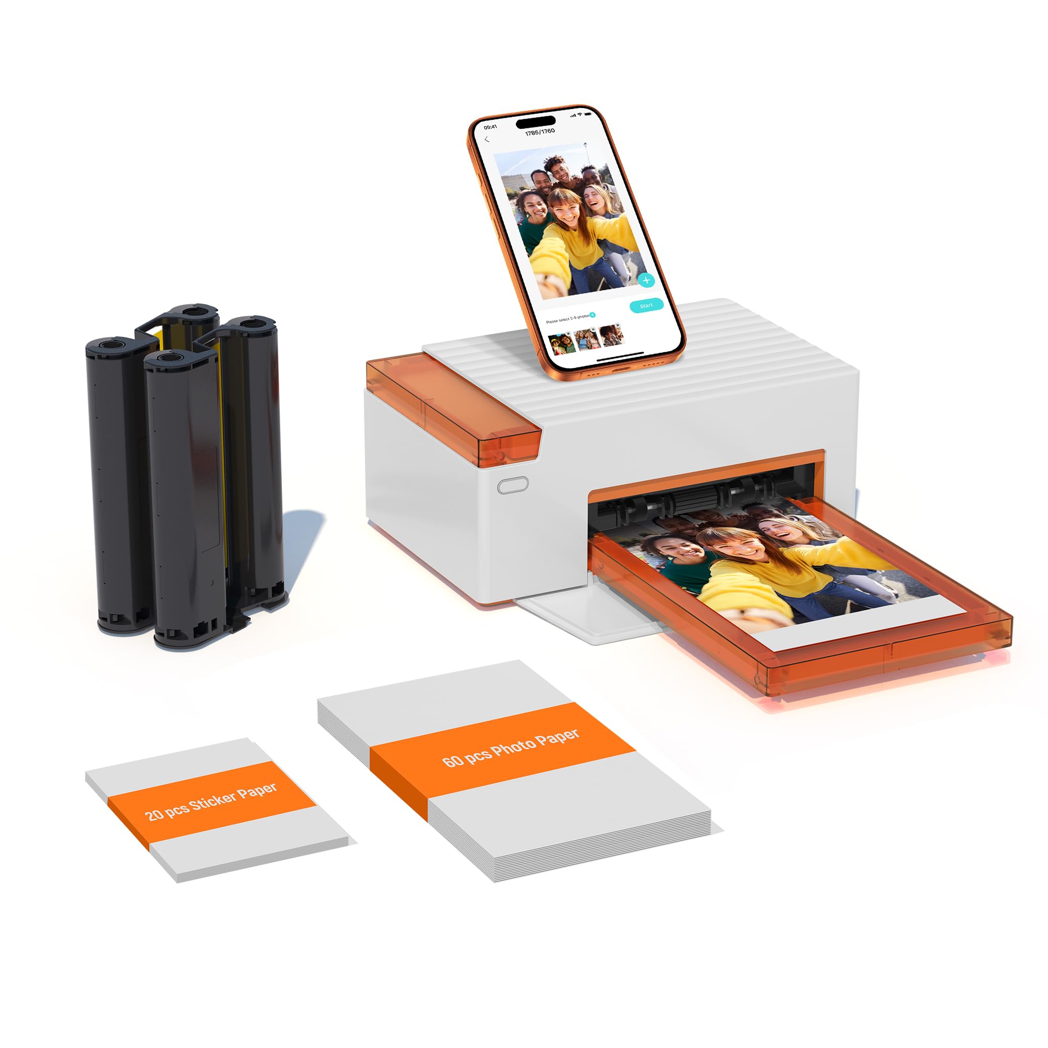 Liene Amber M110 Mini Fotodrucker für Smartphone – inkl. 60 Blatt 10x15 cm Fotopapier + 20 Blatt 7,7 cm Selbstklebende Fotos + 2 Farbbänder – Thermosublimation, Bluetooth, für iPhone & Android