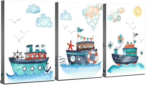 Decoración de pared de baño para niños, imágenes de barco de dibujos animados, arte de pared para guardería, decoración de pared con temática de