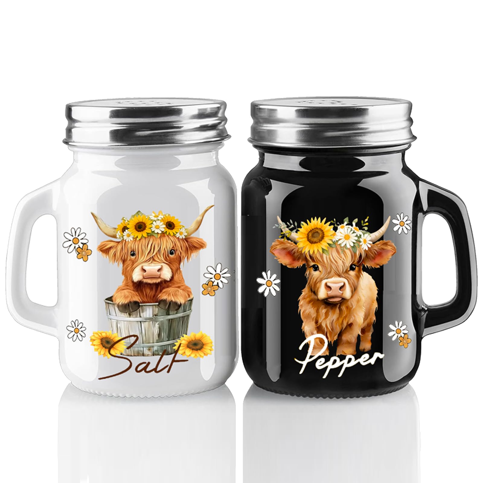 Juego de 2 saleros y pimenteros, diseño de vaca de las tierras altas, bonitos saleros y pimenteros para decoración de cocina, salero y pimentero blanco y negro con tapas de acero inoxidable