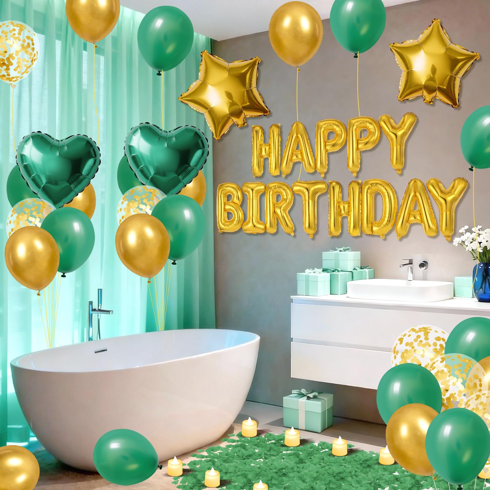 Globos de cumpleaños verdes y dorados, decoración de globos de cumpleaños dorados y verdes con globos de estrella y corazón, 1000 pétalos de rosa artificiales, 24 velas LED sin llama para suministros