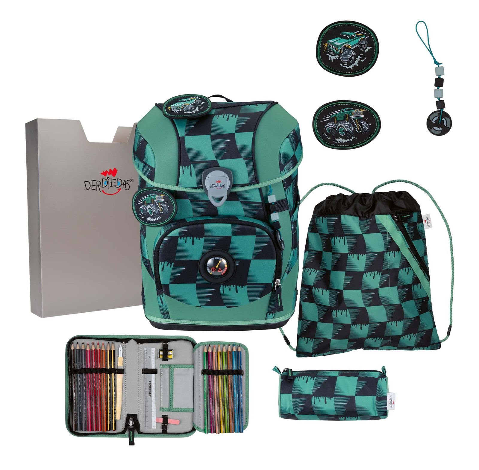 DerDieDas Mochila Escolar ErgoFlex Tiny Superflash Set 6 -Piezas Super Truck Verde