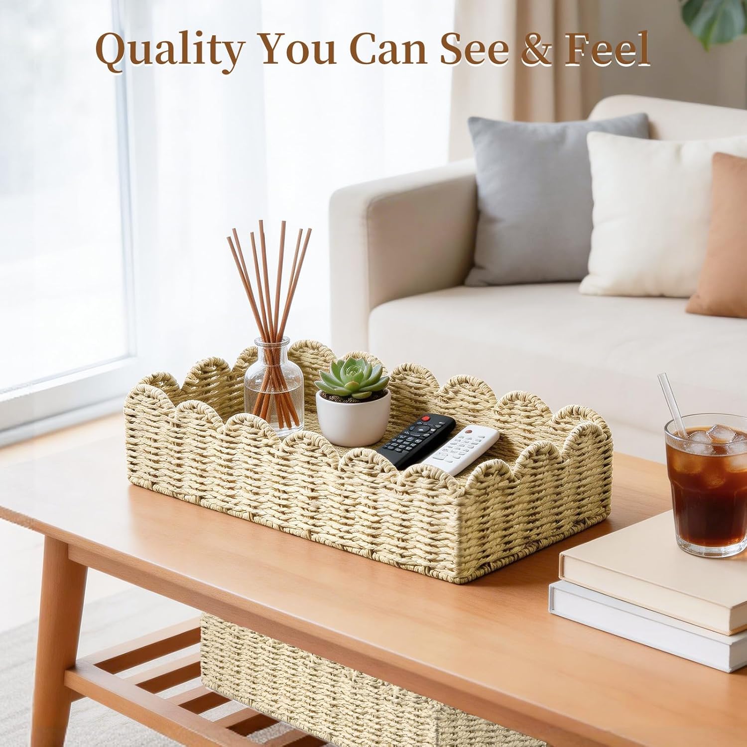 Scalloped Edge Toilet Paper Storage Basket, Living Room Home Cozy Decor Basket, Paper Rope Small Baskets for Over Toilet Storage Shelf, End Table, Shelves, Scalloped Paper Rope Basket (Beige M+L)