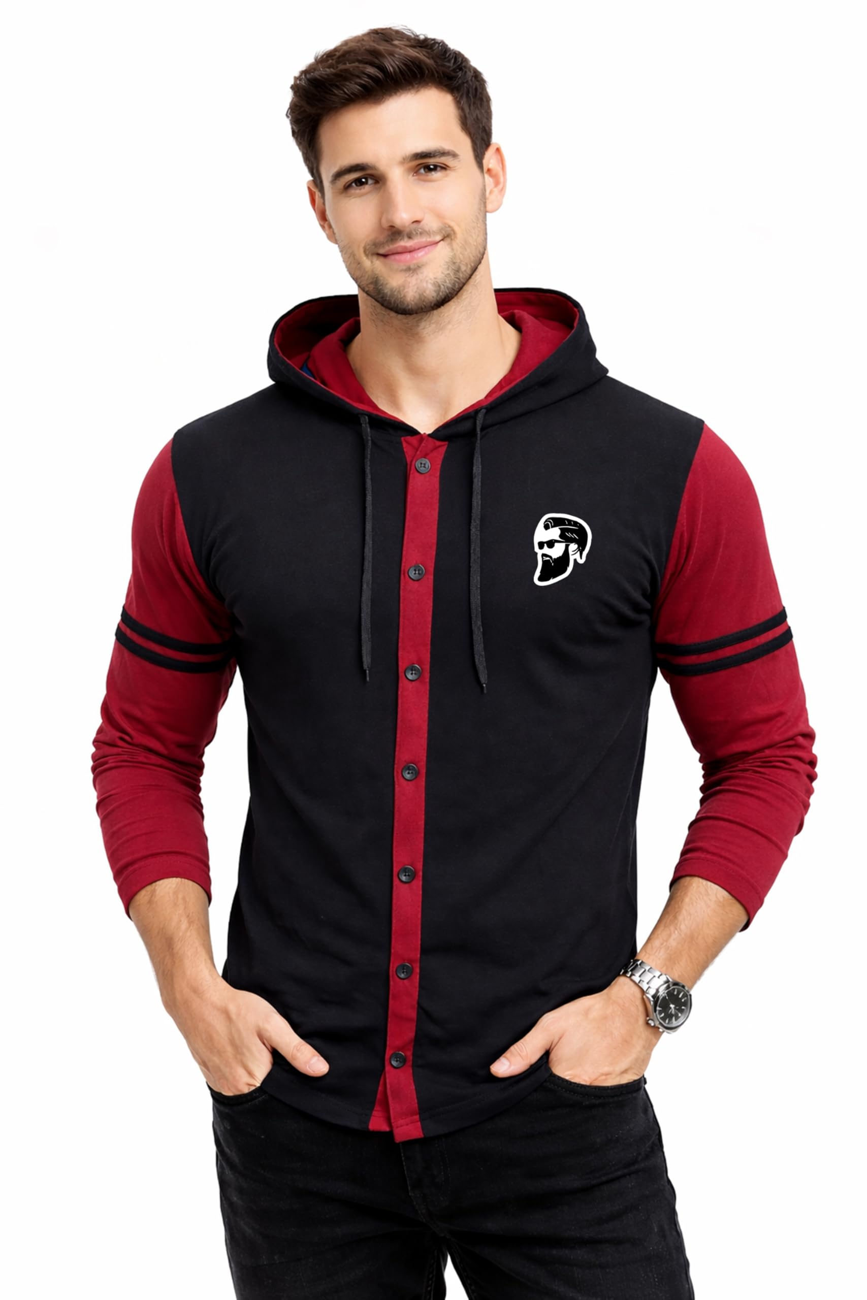 blisstone Men's Hooded Full Sleeve T-Shirt with Button Closure and Contrast Striped Sleeves | Trendy Cotton Blend Casual Hoodie-picture-25