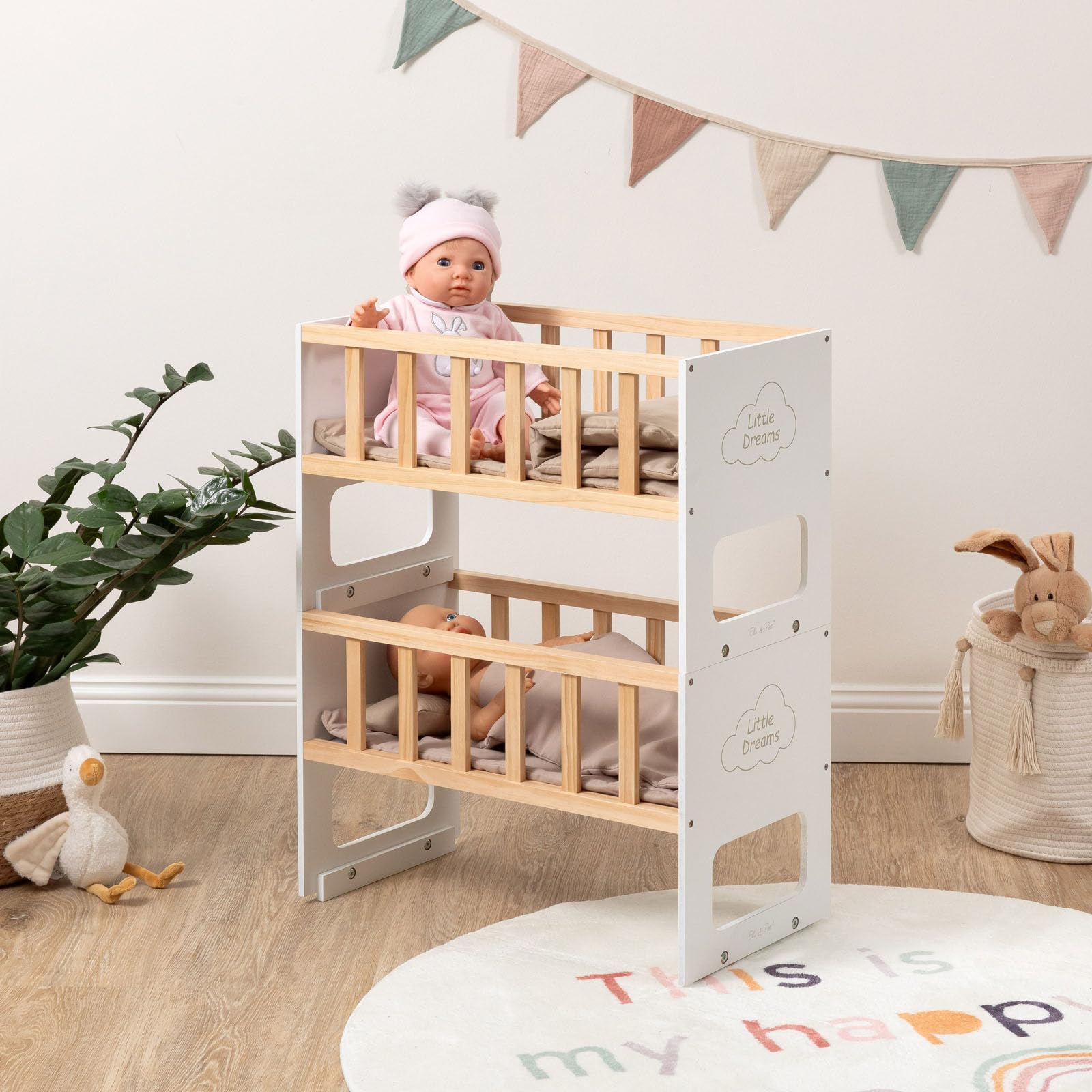 ELLA & PIET® Puppenetagenbett STOCKY Two Stapelbar (Weiß-Schlamm) Puppenbett für 2 Puppen Erweiterbar