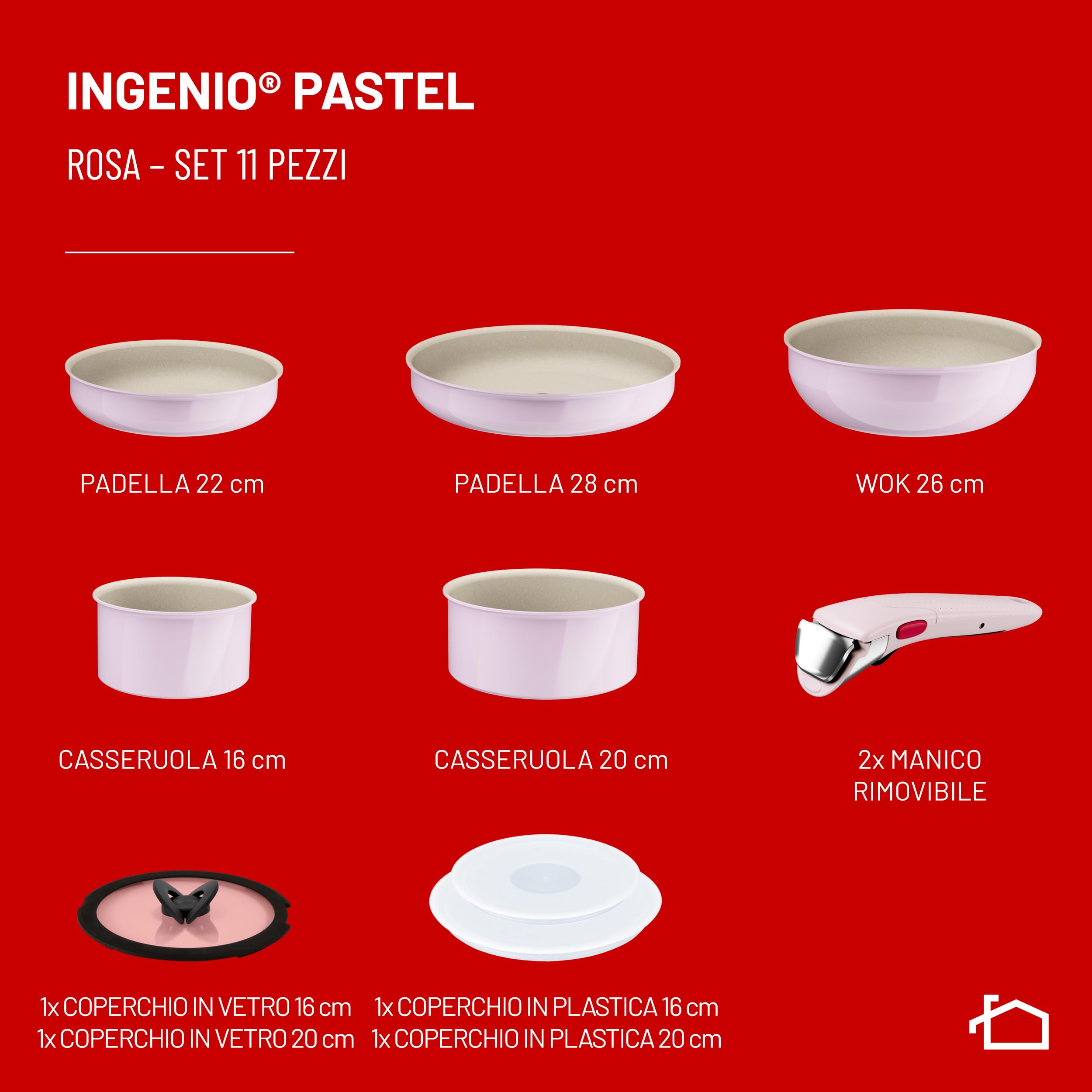 Lagostina Ingenio Pastel, Set di Padelle Antiaderenti 11 Pezzi con Manico Rimovibile, Compatibili con Induzione e Forno, Design Salvaspazio, Colore Rosa