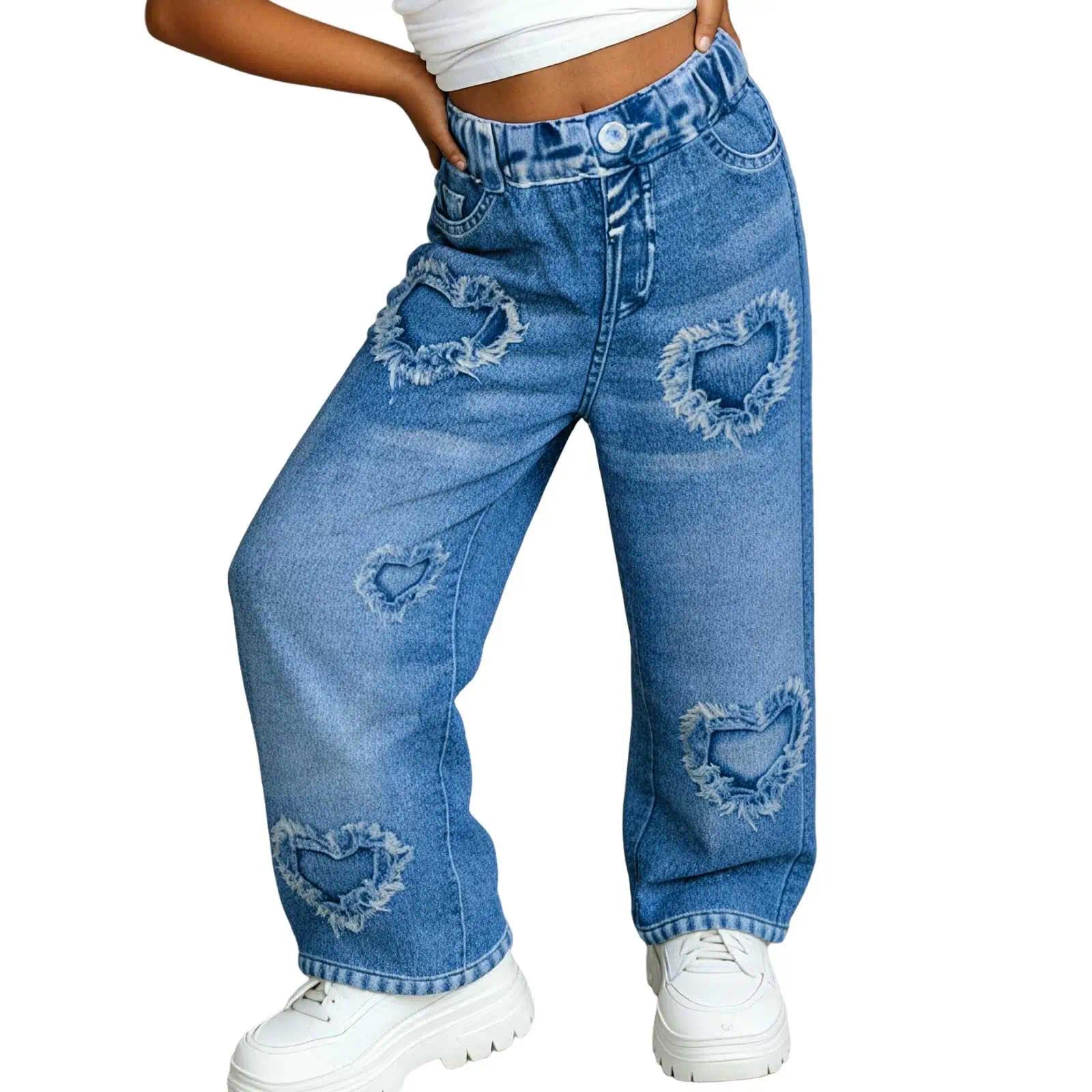 Pantalones capri de pierna ancha con aspecto de mezclilla para niñas, cintura elástica, corte de corazón, pantalones de mezclilla para la escuela — view 2