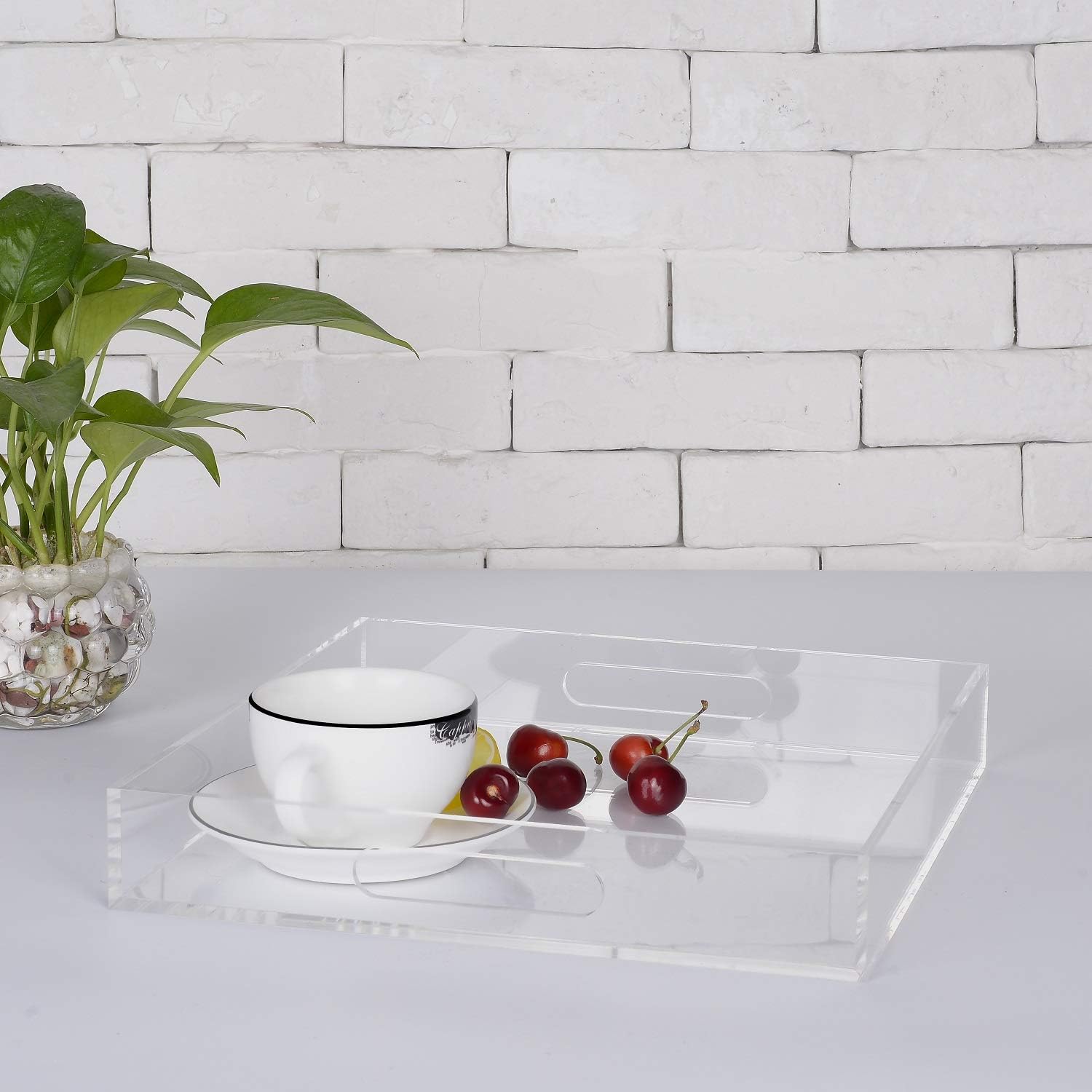 Clear Sturdy Acrylic Serving Tray with Handles - 12x12Inch - Coffee, Appetizer, Breakfast, Butler Tray - Kitchen Countertop & Makeup Drawer Organizer - Image 5