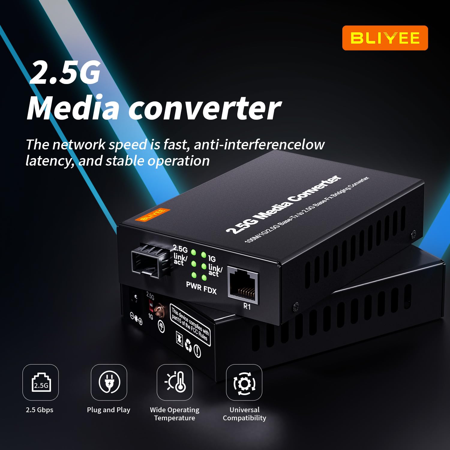 BLIYEE 2.5G Media Converter, Unmanaged 1x 100M/1G/2.5G Base-T Fiber Transceiver, SFP to RJ45 Converter, Support 2.5GBase-SR/LR Transceiver, Auto-Negotiation, Plug and Play