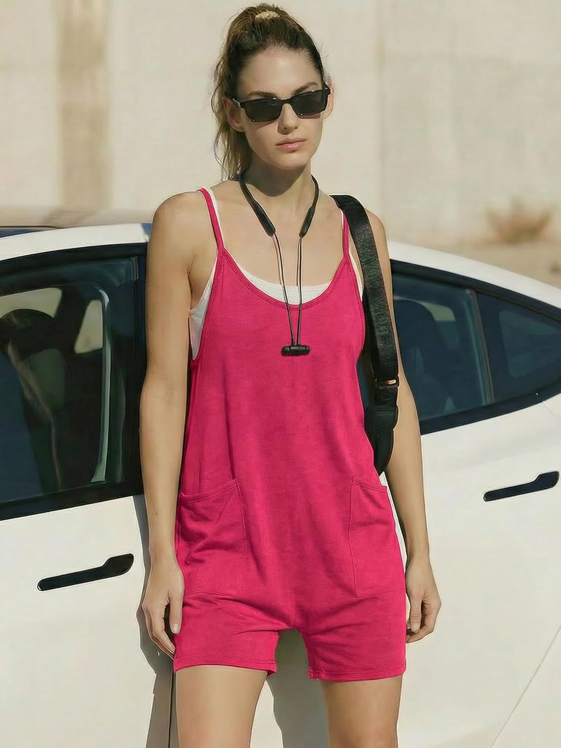 Ekouaer Rompers for Women Summer Casual Sleeveless Spaghetti Strap Shorts Overalls Jumpsuits Beach Outfits with Pockets - Image 2