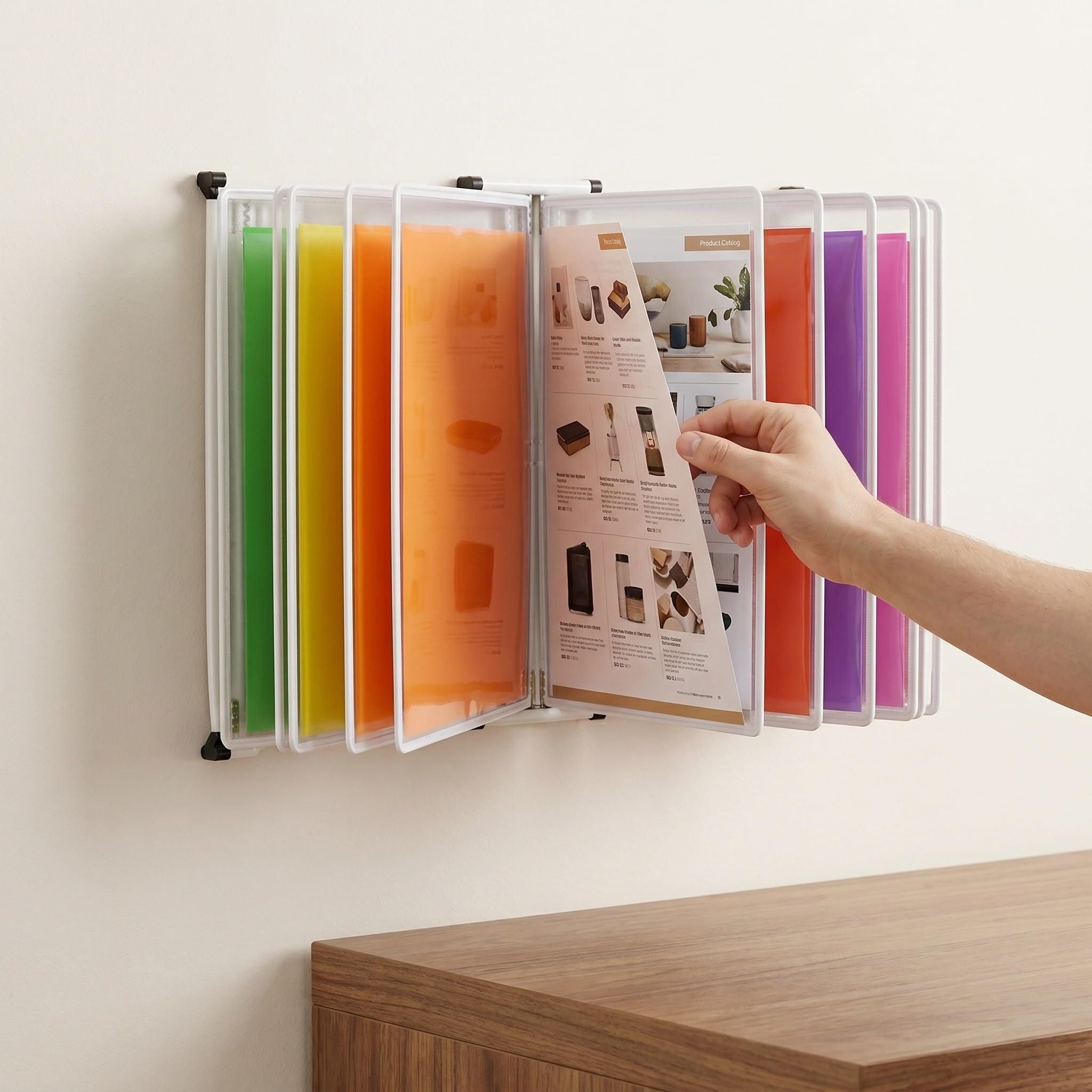 VILLCASE Organizador de Archivos de Pared de 10 Páginas para Documentos A4 Estructura de Hierro y PVC, Soporte Blanco para Exhibición y Referencia en Oficina