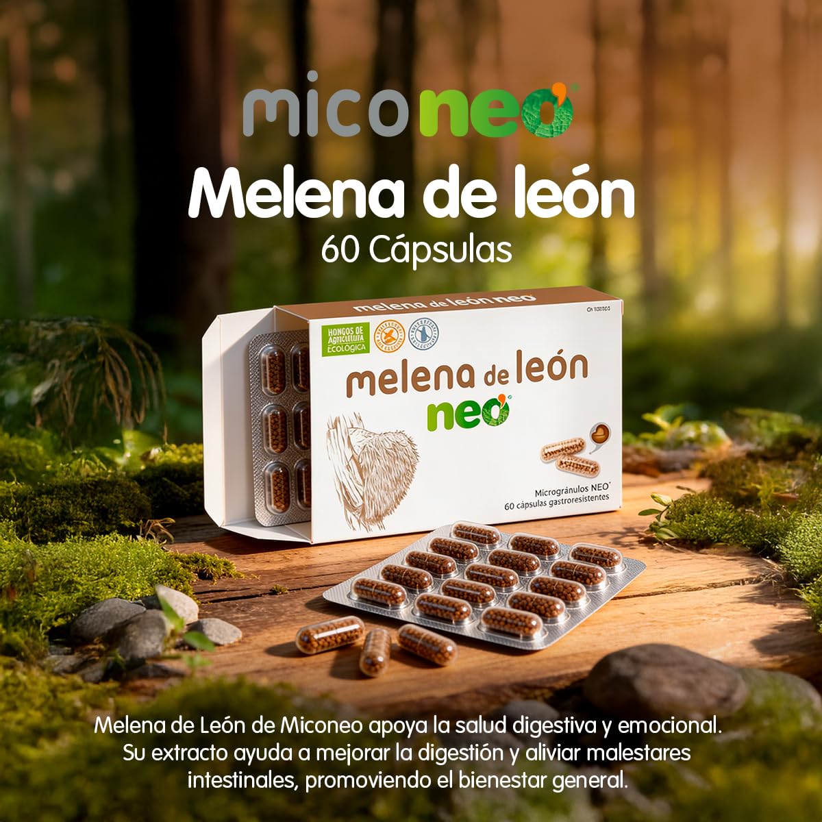 Mico NEO | Hongos Melena de León | Apoyo Digestivo Natural | Apto para Vegetarianos | Sin Gluten ni Derivados Lácteos | Microgránulos NEO | 60 Cápsulas